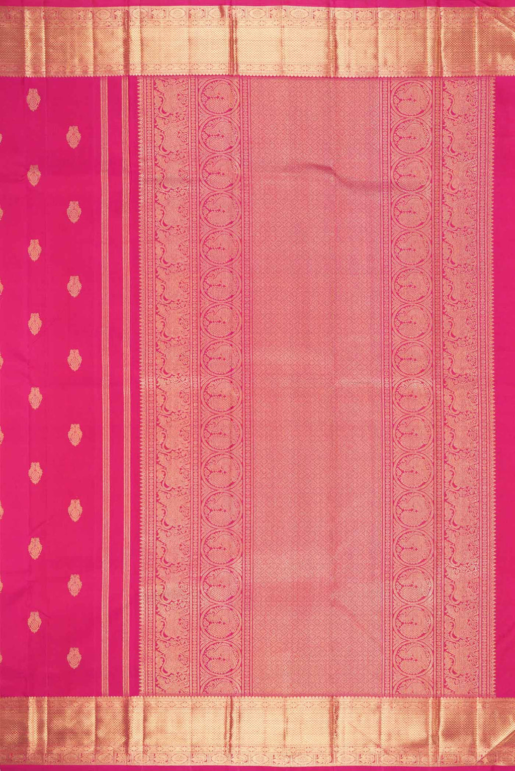 Close up image of the pallu of Pure Silk Pure Zari Dark Pink Dual Tone Kanchipuram Saree with Zari Butta on the body and Zari Border
