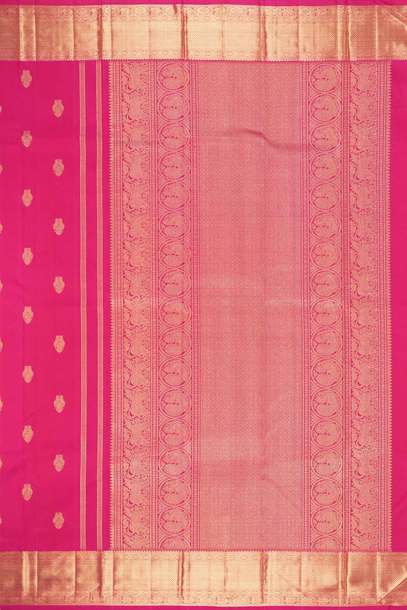 Close up image of the pallu of Pure Silk Pure Zari Dark Pink Dual Tone Kanchipuram Saree with Zari Butta on the body and Zari Border