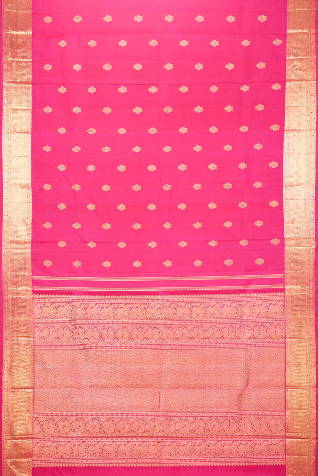 Flat view of Pure Silk Pure Zari Dark Pink Dual Tone Kanchipuram Saree with Zari Butta on the body and Zari Border