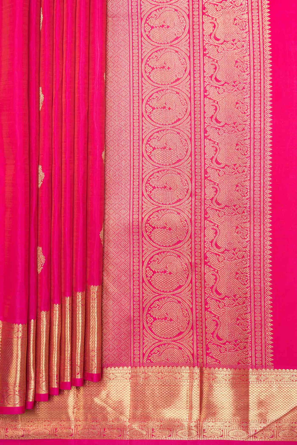Pleats and pallu of Pure Silk Pure Zari Dark Pink Dual Tone Kanchipuram Saree with Zari Butta on the body and Zari Border