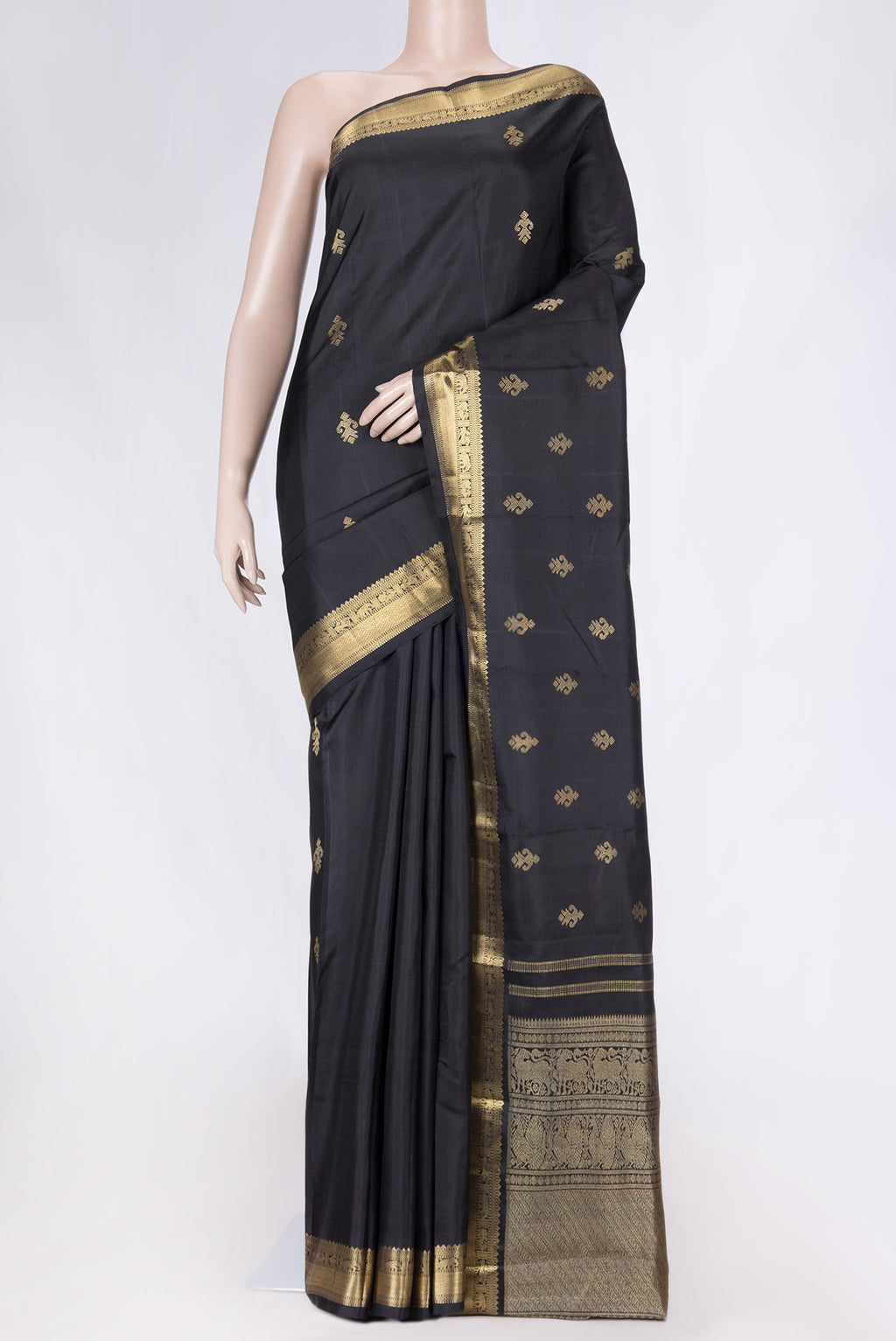 Pure Silk Pure Zari Black Dual Tone Kanchipuram Saree with Zari Butta on the body and Zari Border displayed on a mannequin
