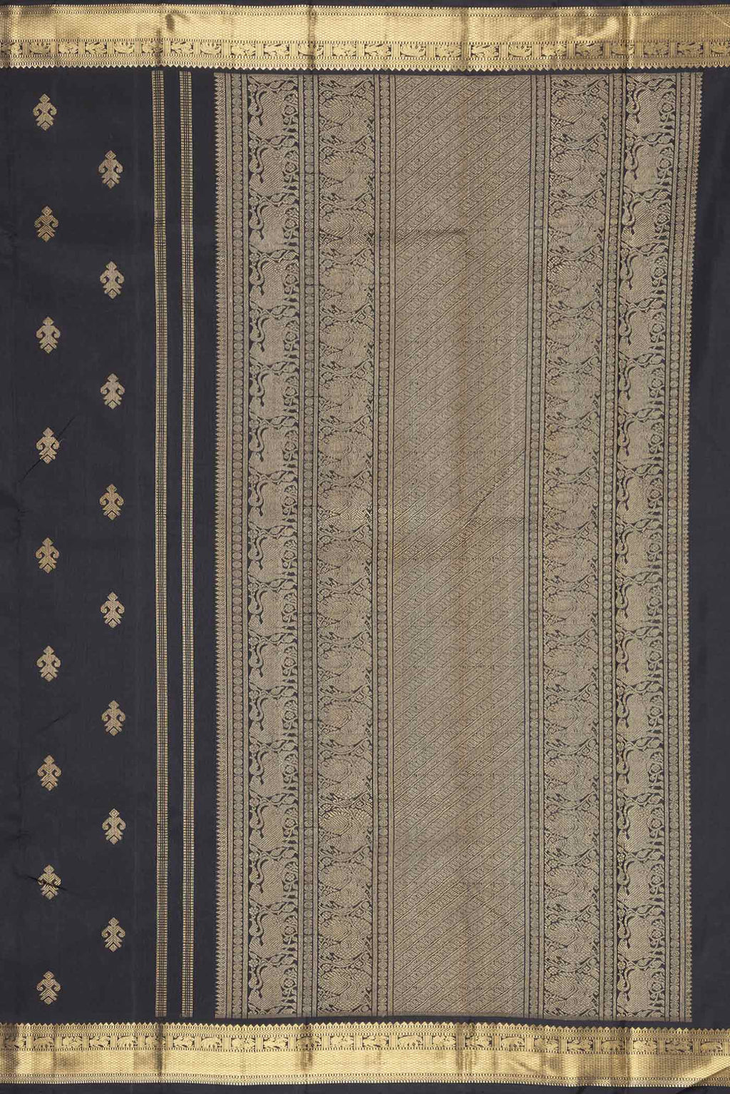 Close up image of the pallu of Pure Silk Pure Zari Black Dual Tone Kanchipuram Saree with Zari Butta on the body and Zari Border