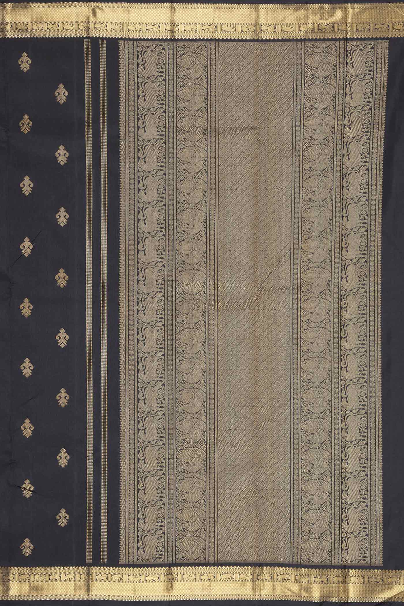 Close up image of the pallu of Pure Silk Pure Zari Black Dual Tone Kanchipuram Saree with Zari Butta on the body and Zari Border