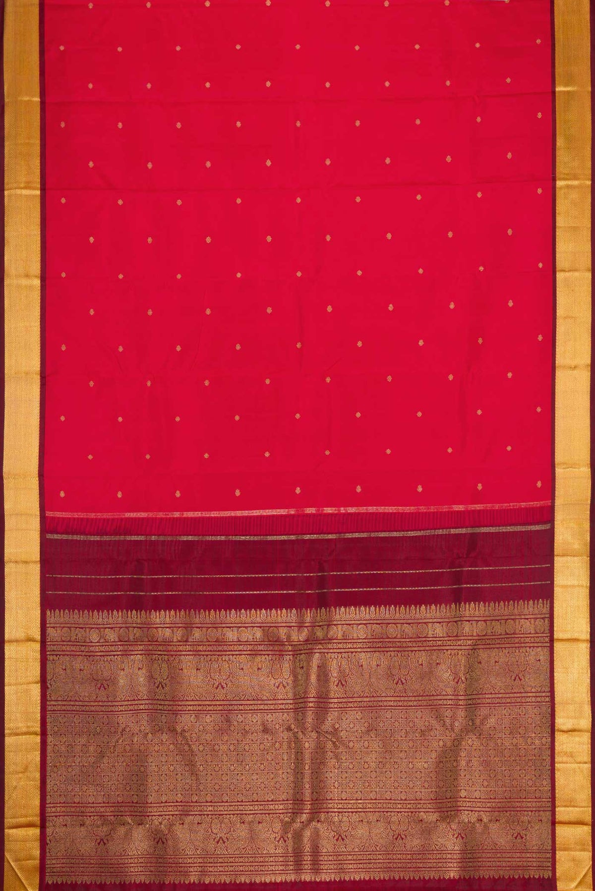 Flat view of Pure Silk Pure Zari Pink Kanchipuram Saree with Zari Butta on the body and Zari Border