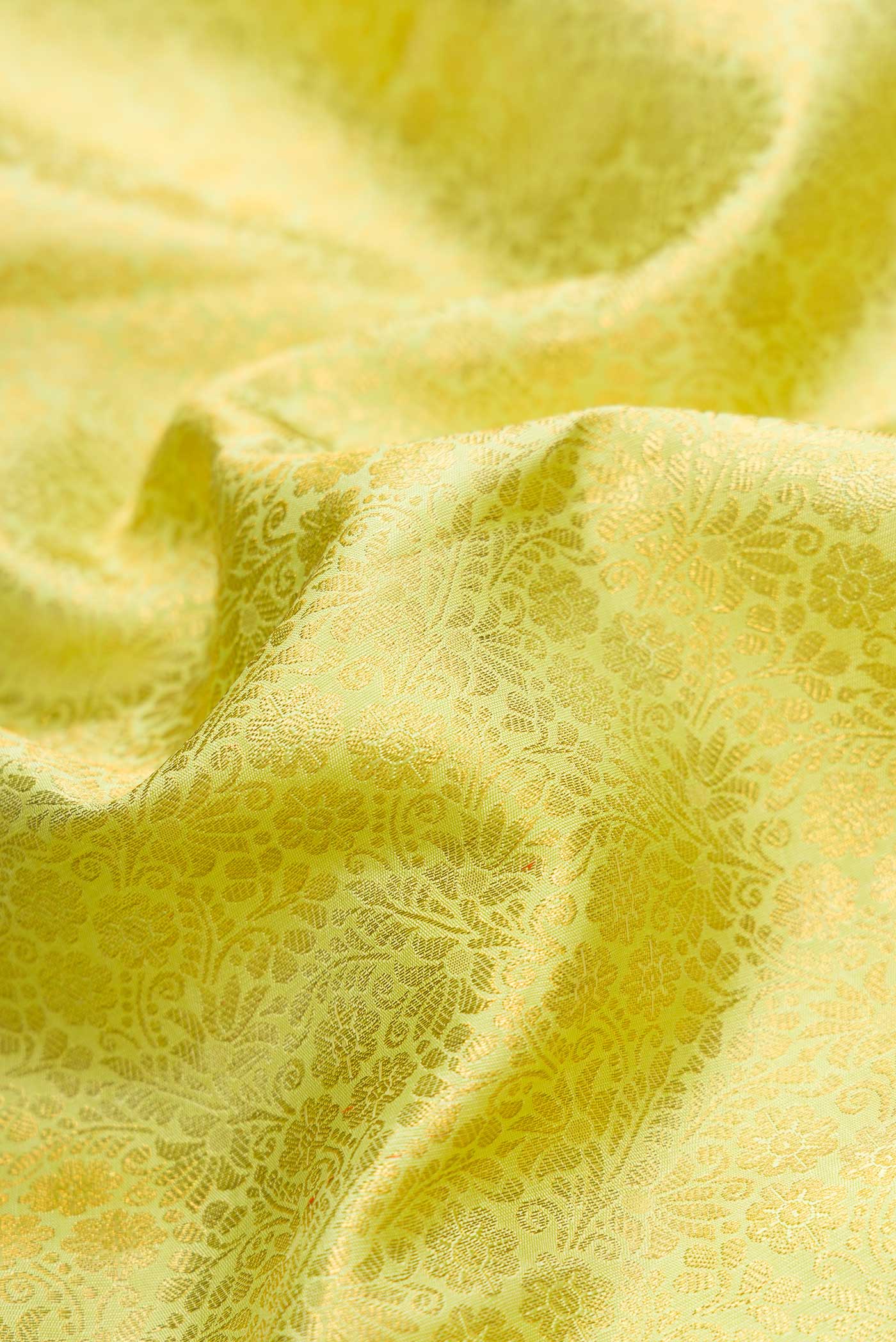 Close up of Parrot Green Dual Tone Kanchipuram Silk Saree with Zari Brocade on the body and Zari Border.  displaying folds