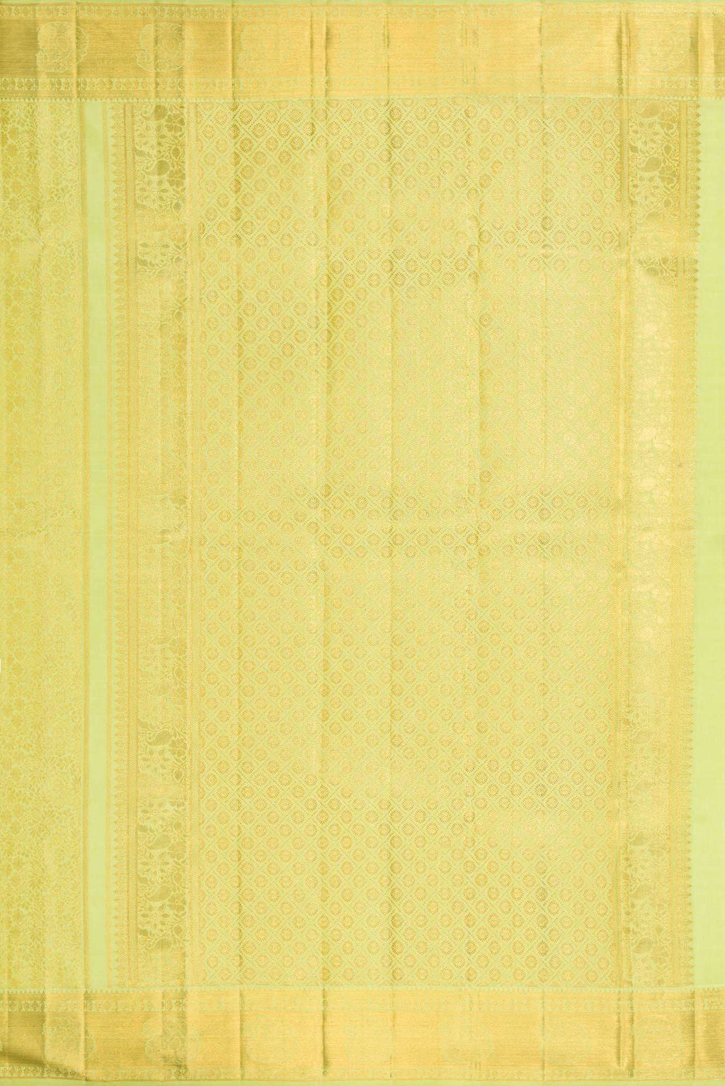 Close up image of the pallu of Parrot Green Dual Tone Kanchipuram Silk Saree with Zari Brocade on the body and Zari Border. 