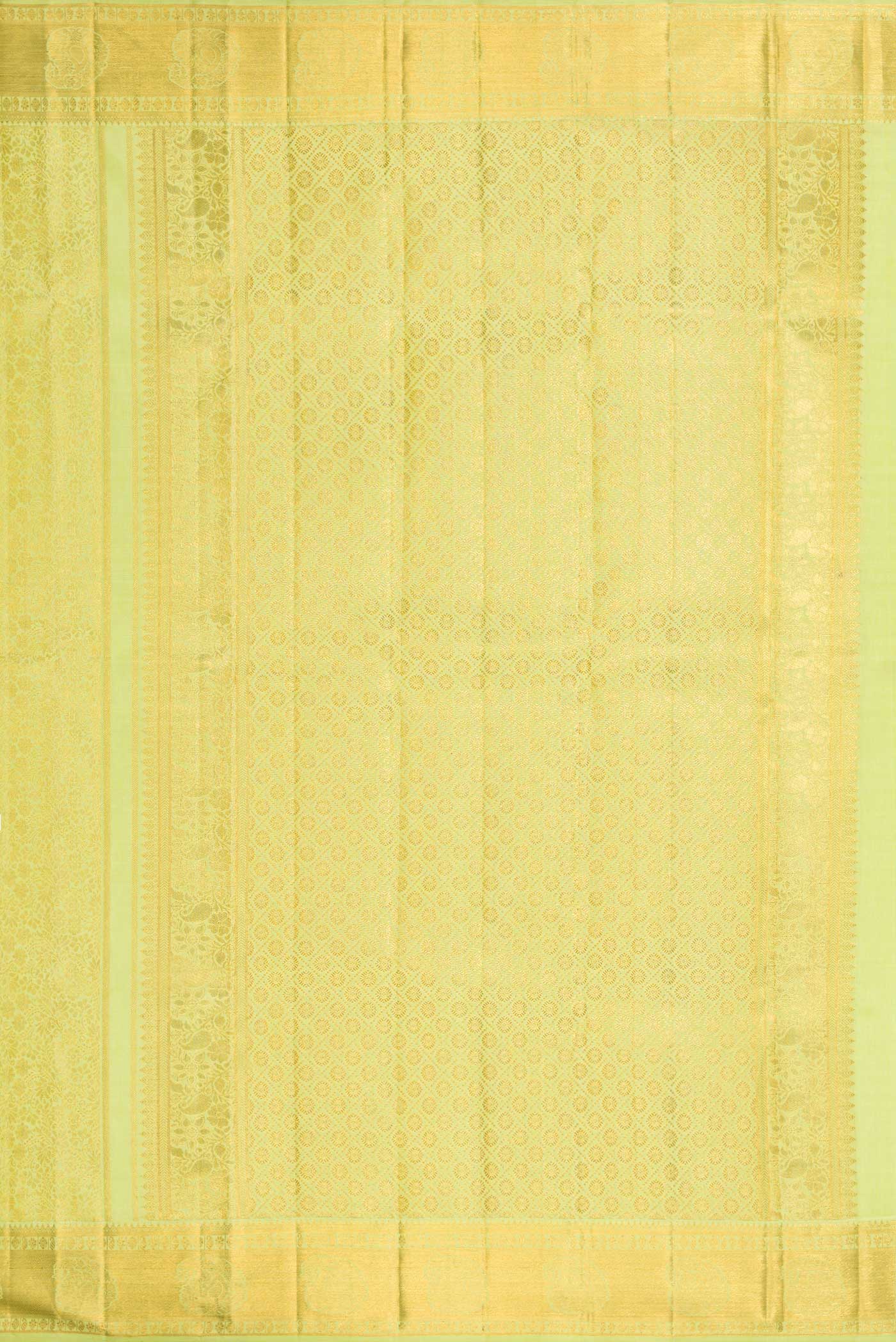 Close up image of the pallu of Parrot Green Dual Tone Kanchipuram Silk Saree with Zari Brocade on the body and Zari Border. 