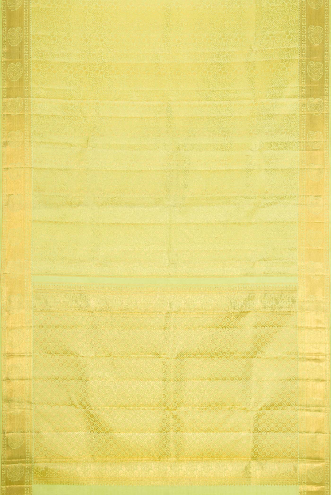 Flat view of Parrot Green Dual Tone Kanchipuram Silk Saree with Zari Brocade on the body and Zari Border. 