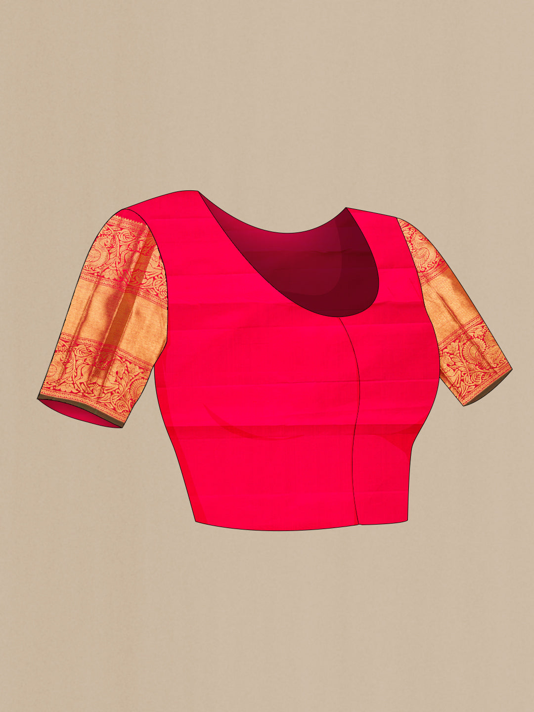 Close up image of the blouse of Pure Silk Pure Zari Maroon Dual Tone Kanjivaram Saree with Zari Brocade on the body and Fancy Border. 