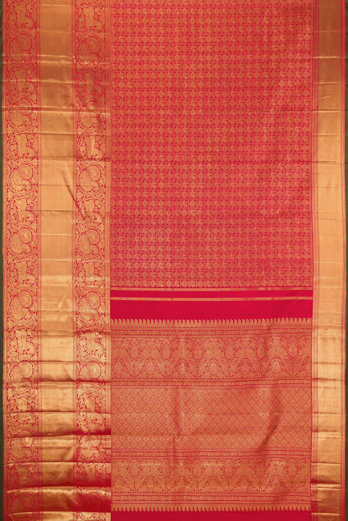 Flat view of Pure Silk Pure Zari Maroon Dual Tone Kanjivaram Saree with Zari Brocade on the body and Fancy Border. 