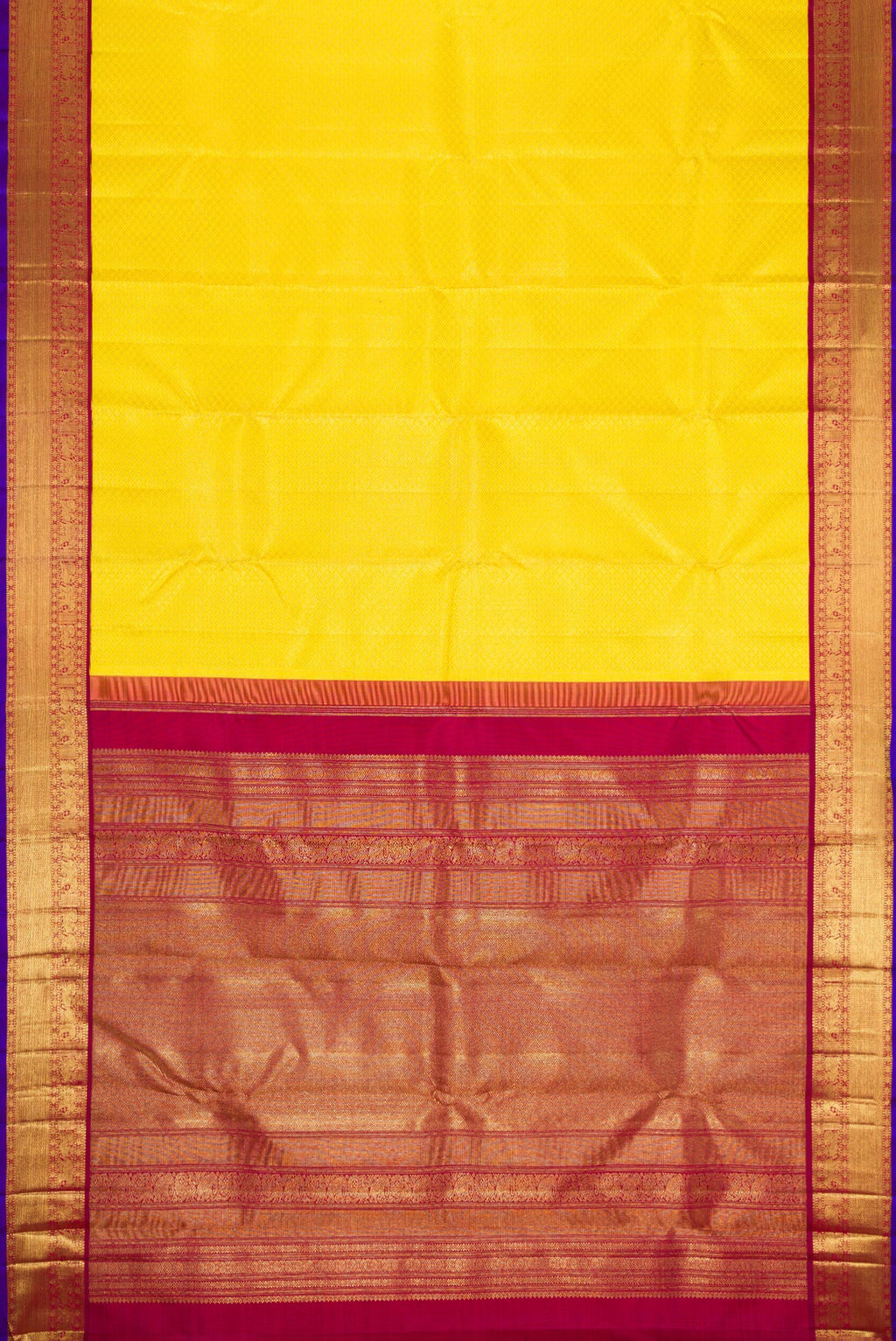Flat view of Pure Silk Pure Zari Yellow Dual Tone Kanjivaram Saree with Zari Brocade on the body and Zari Border. 