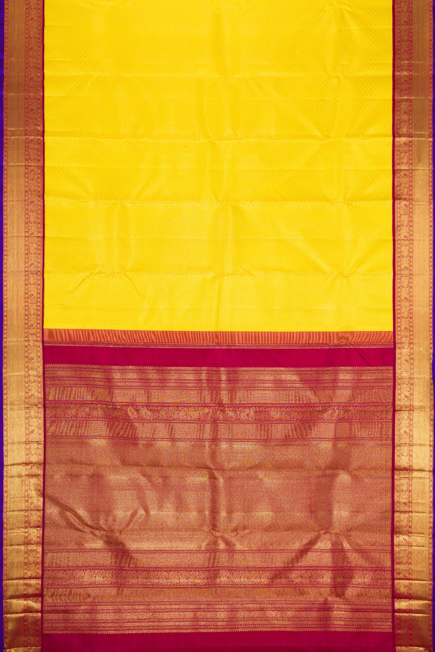 Flat view of Pure Silk Pure Zari Yellow Dual Tone Kanjivaram Saree with Zari Brocade on the body and Zari Border. 