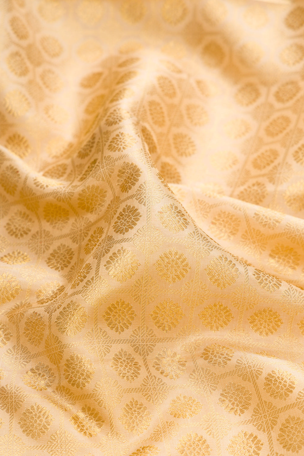 Close up of Pure Silk Pure Zari Beige Dual Tone Kanjivaram Saree with Zari Brocade on the body and Zari Border.  displaying folds