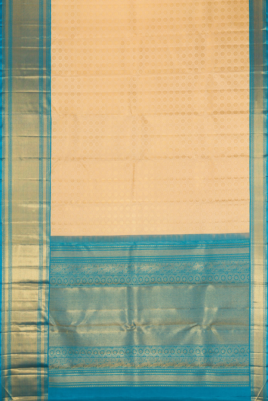 Flat view of Pure Silk Pure Zari Beige Dual Tone Kanjivaram Saree with Zari Brocade on the body and Zari Border. 