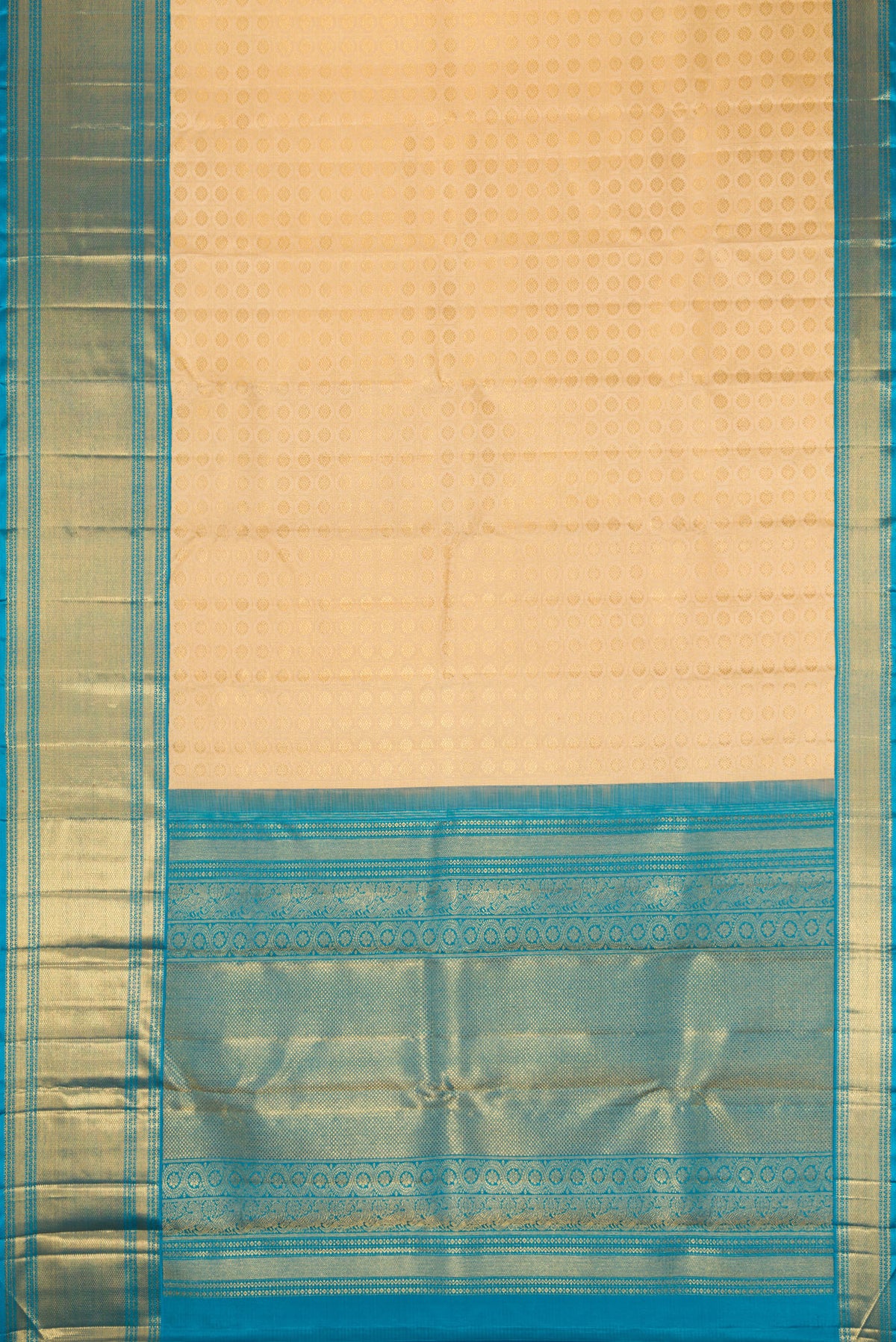 Flat view of Pure Silk Pure Zari Beige Dual Tone Kanjivaram Saree with Zari Brocade on the body and Zari Border. 