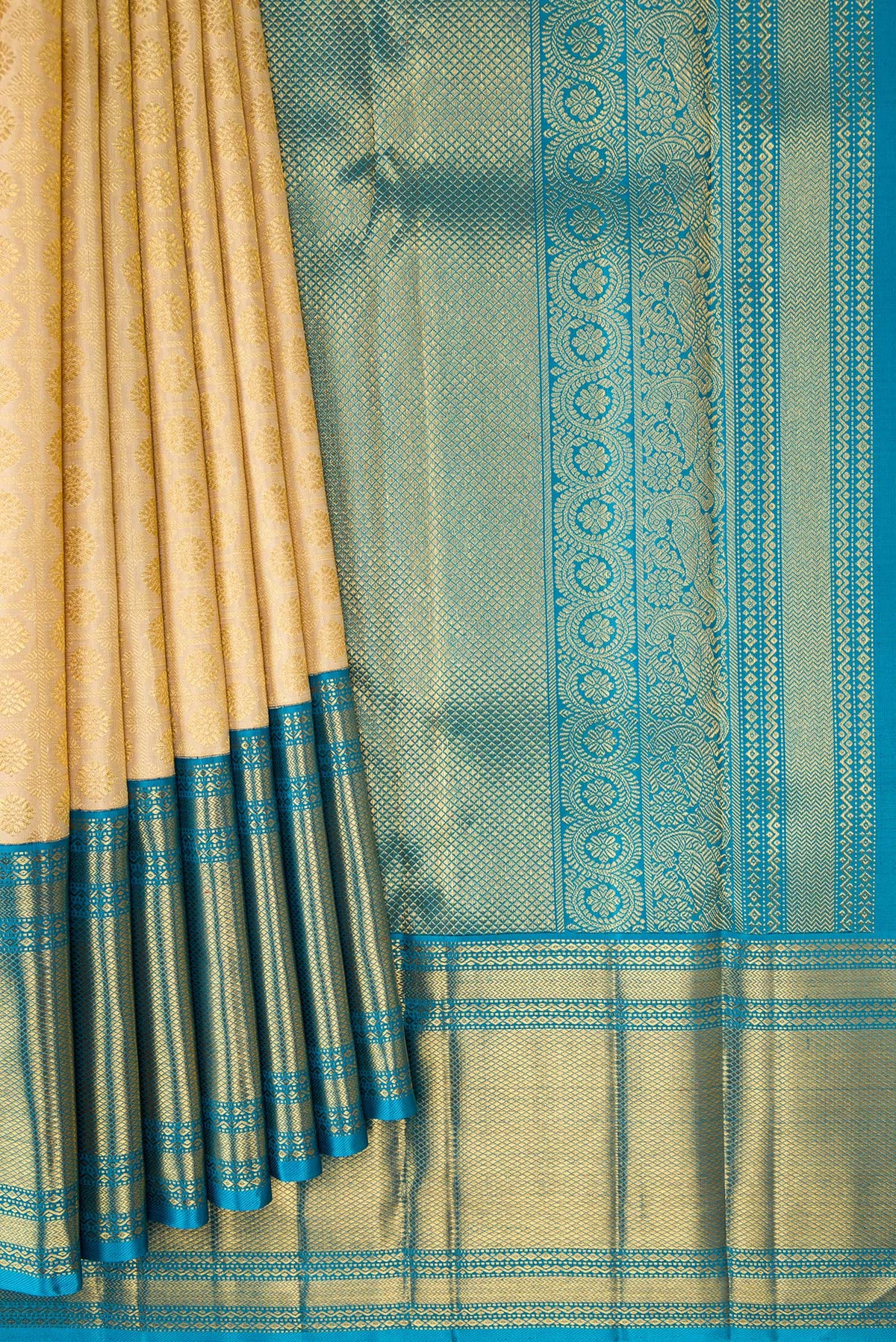 Pleats and pallu of Pure Silk Pure Zari Beige Dual Tone Kanjivaram Saree with Zari Brocade on the body and Zari Border. 