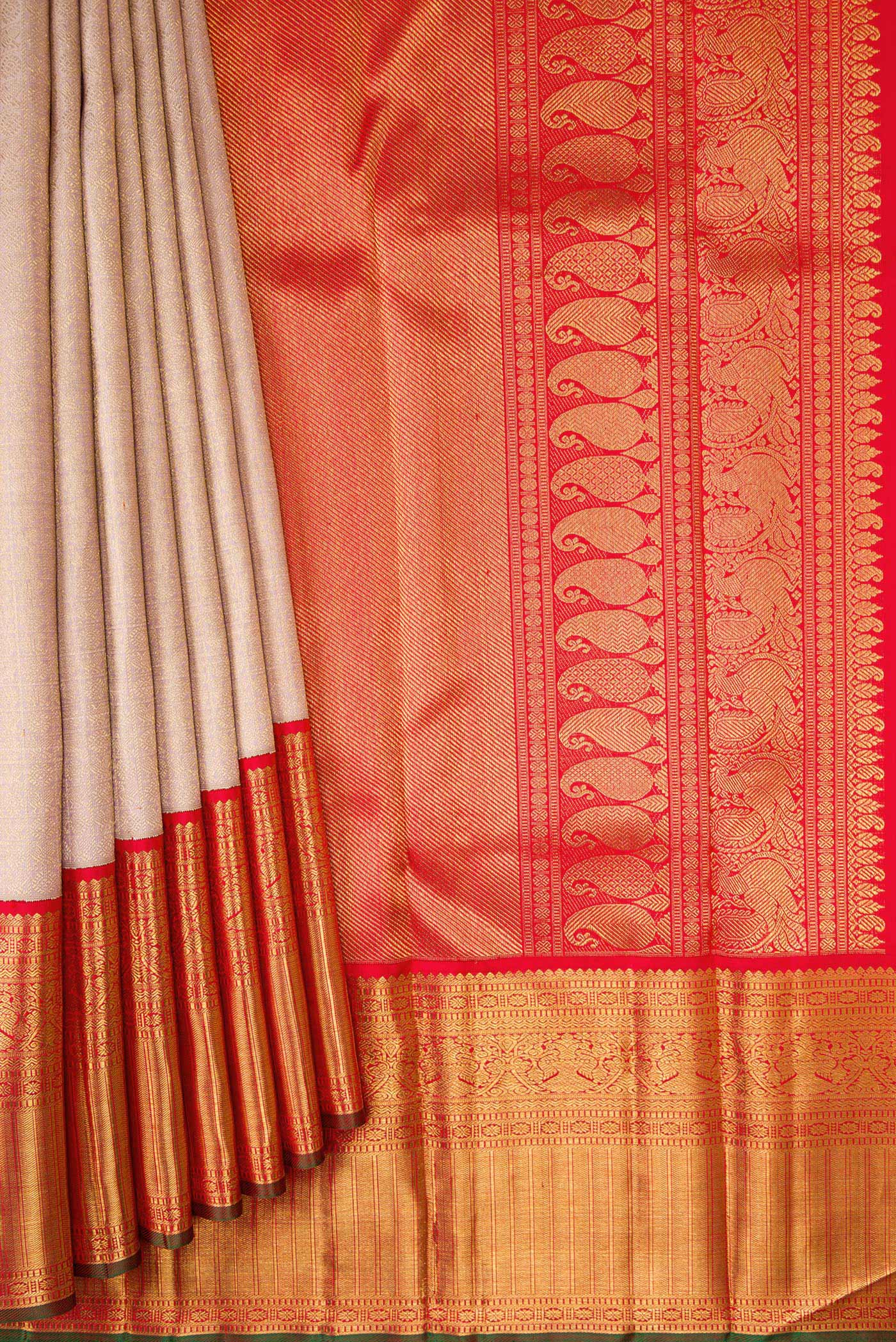 Pleats and pallu of Pure Silk Pure Zari Rose Gold Dual Tone Kanjivaram Saree with Zari Brocade on the body and Zari Border. 