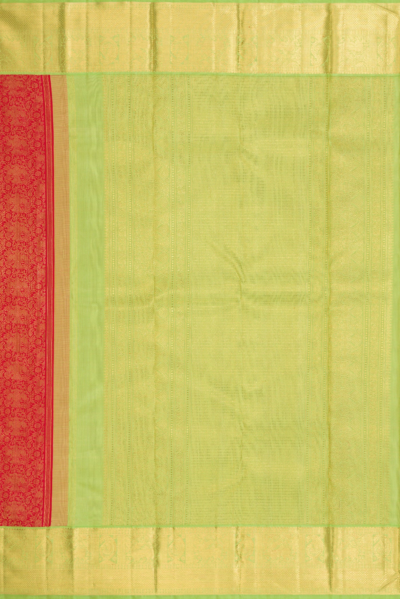 Close up image of the pallu of Pure Silk Pure Zari Red Dual Tone Kanjivaram Saree with Zari Brocade on the body and Zari Border. 
