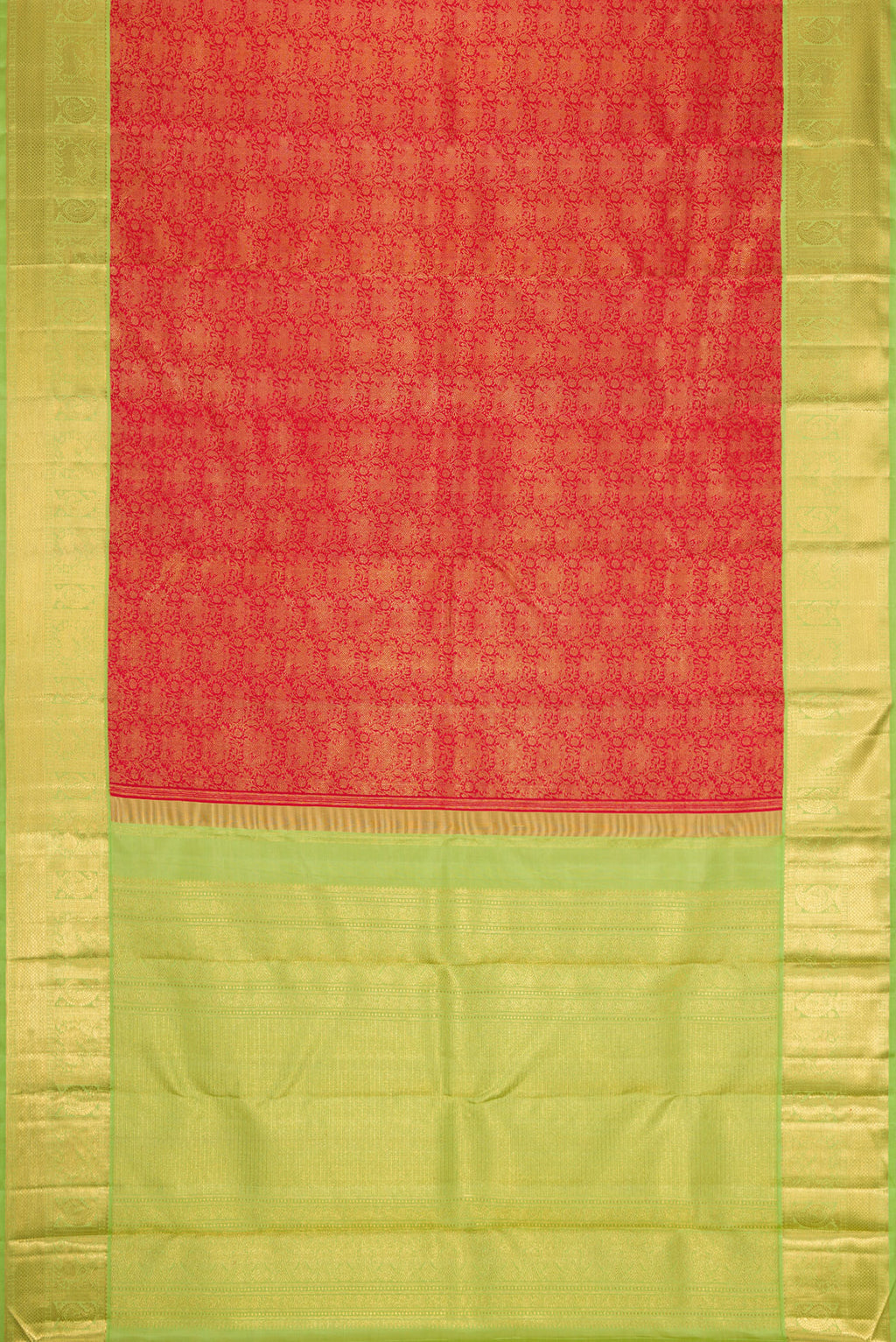 Flat view of Pure Silk Pure Zari Red Dual Tone Kanjivaram Saree with Zari Brocade on the body and Zari Border. 