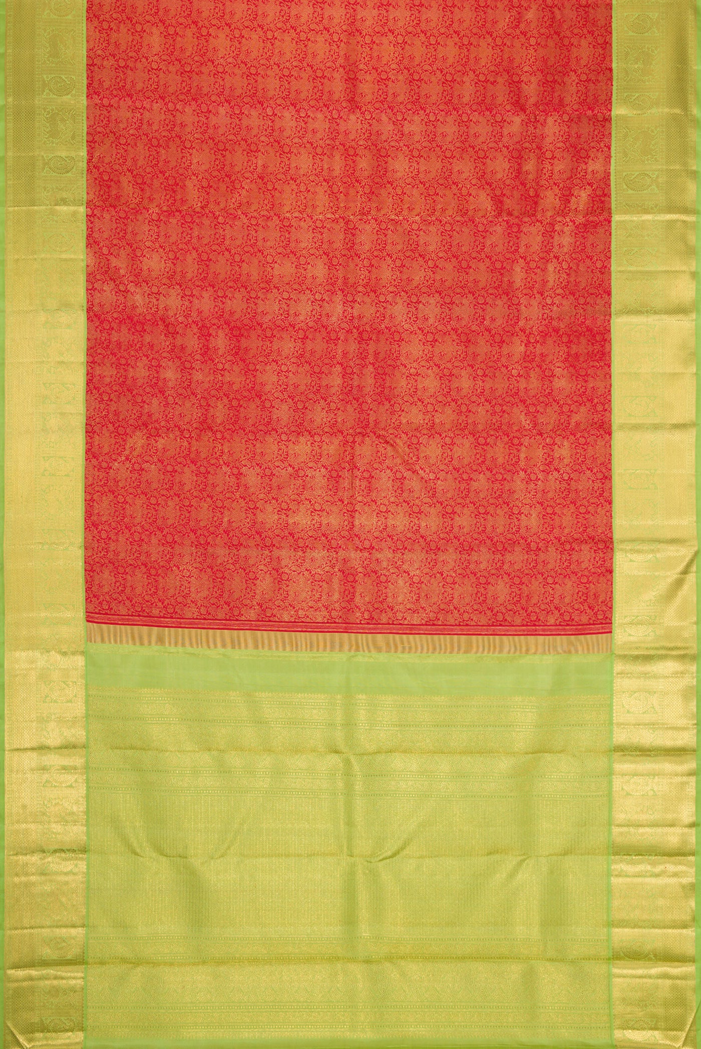 Flat view of Pure Silk Pure Zari Red Dual Tone Kanjivaram Saree with Zari Brocade on the body and Zari Border. 