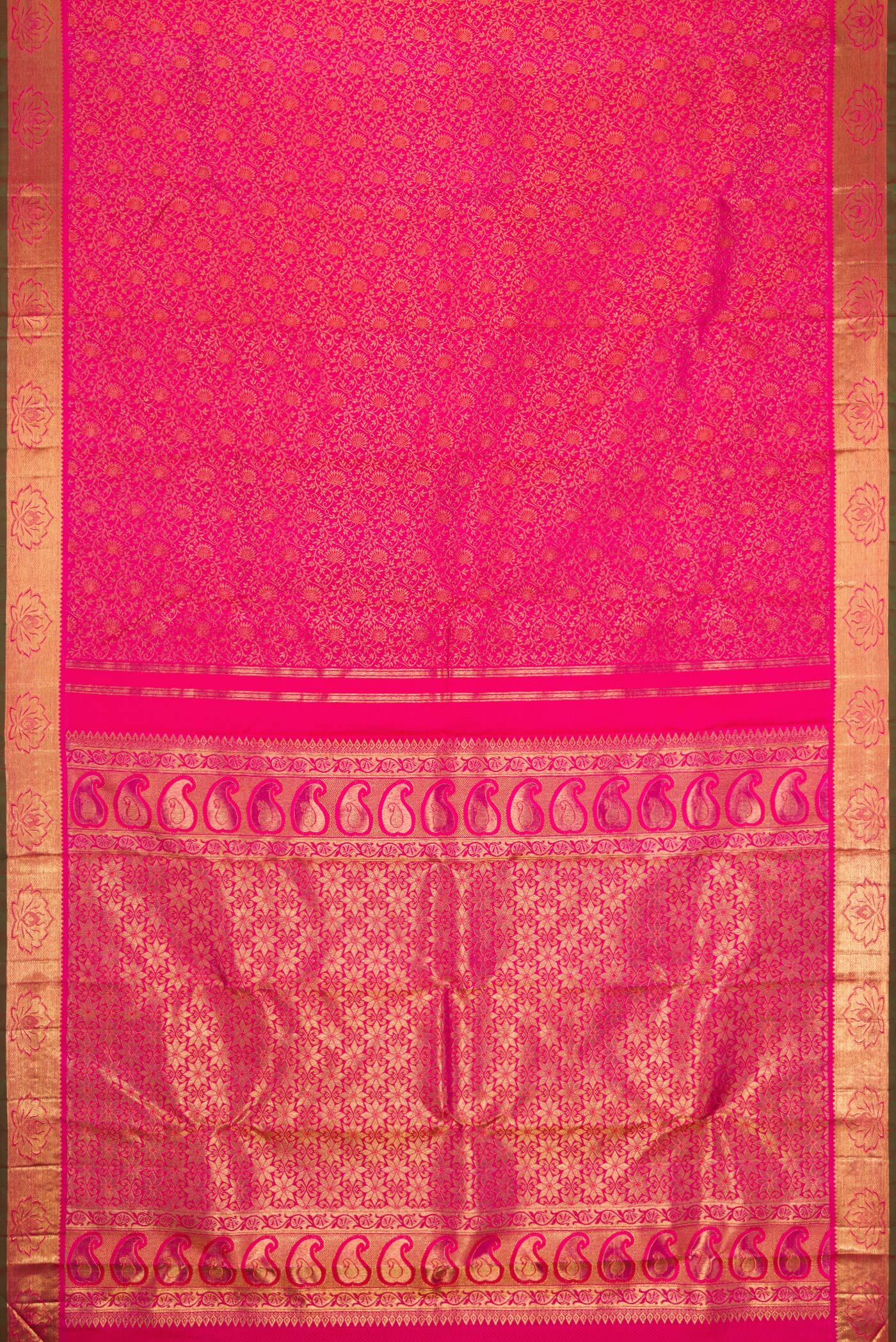 Flat view of Pure Silk Pure Zari Pink Dual Tone Kanjivaram Saree with Zari Brocade on the body and Zari Border. 