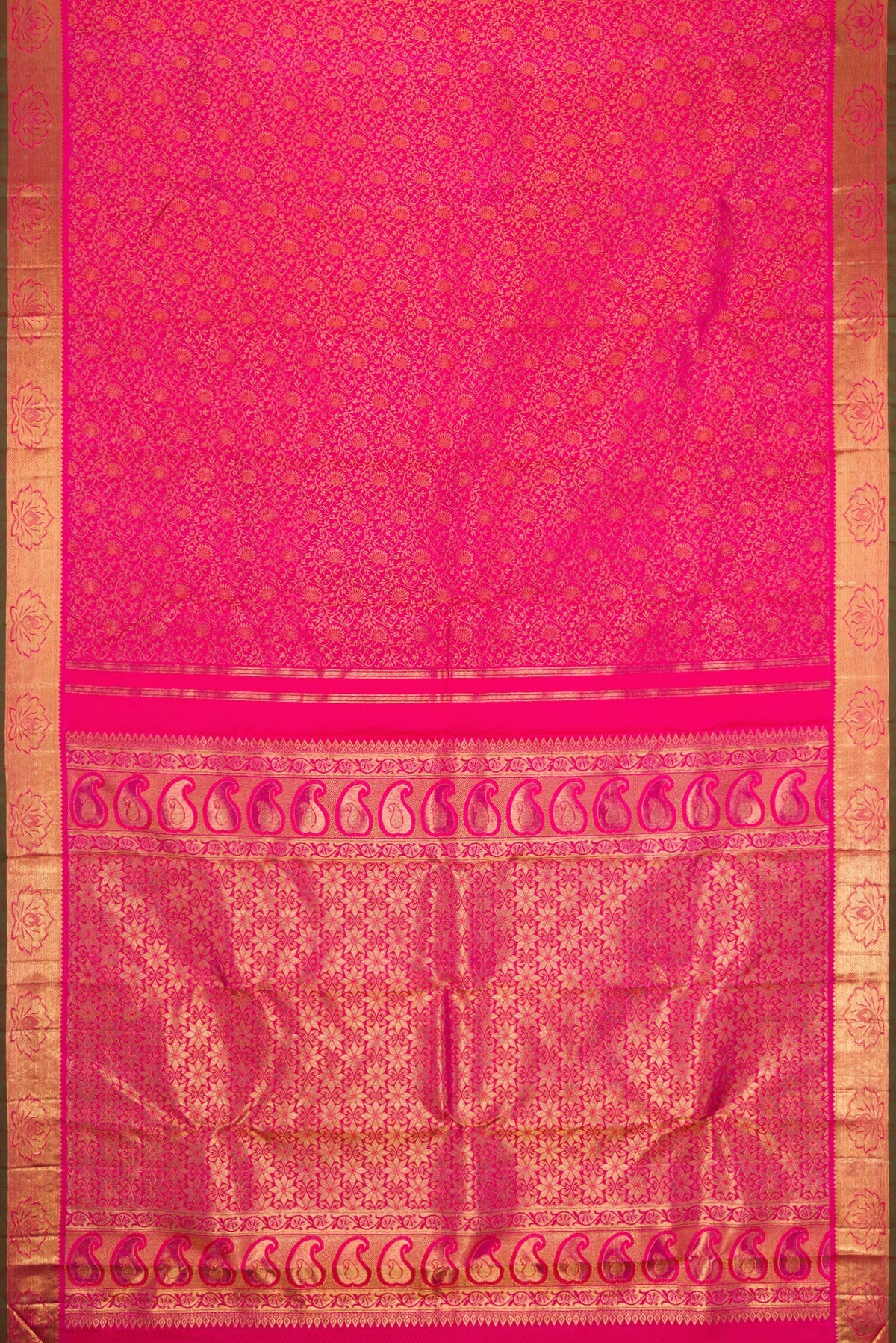 Flat view of Pure Silk Pure Zari Pink Dual Tone Kanjivaram Saree with Zari Brocade on the body and Zari Border. 
