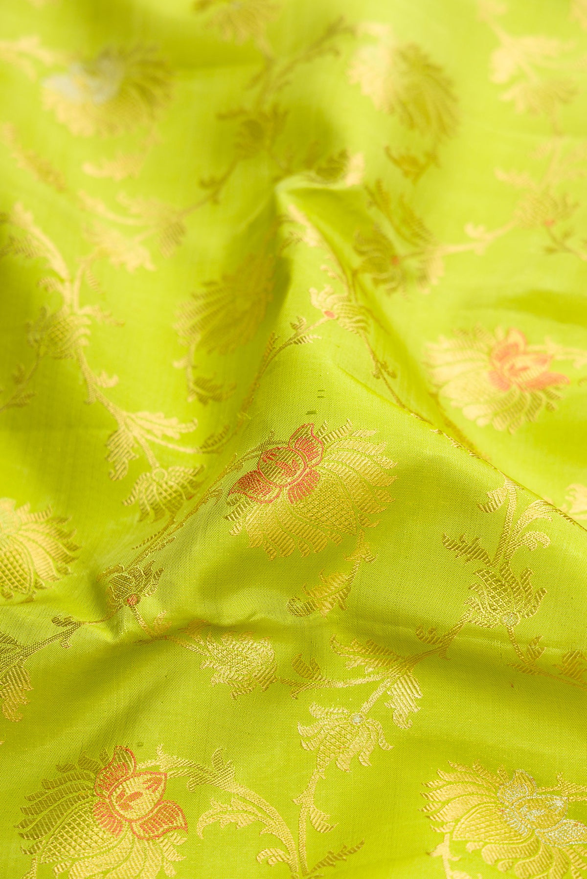 Close up of Pure Silk Pure Zari Parrot Green Dual Tone Kanjivaram Saree with Zari Brocade on the body and Zari Border.  displaying folds