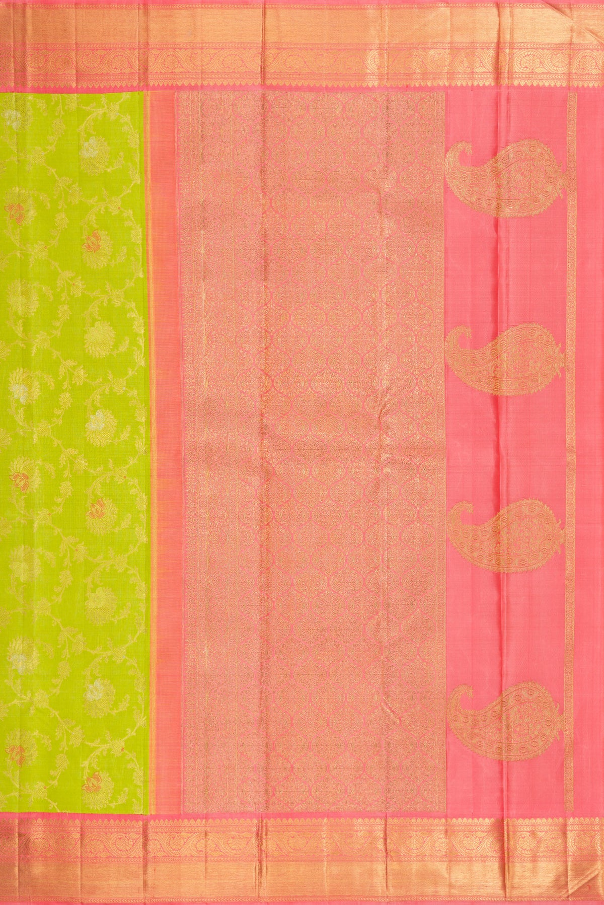 Close up image of the pallu of Pure Silk Pure Zari Parrot Green Dual Tone Kanjivaram Saree with Zari Brocade on the body and Zari Border. 