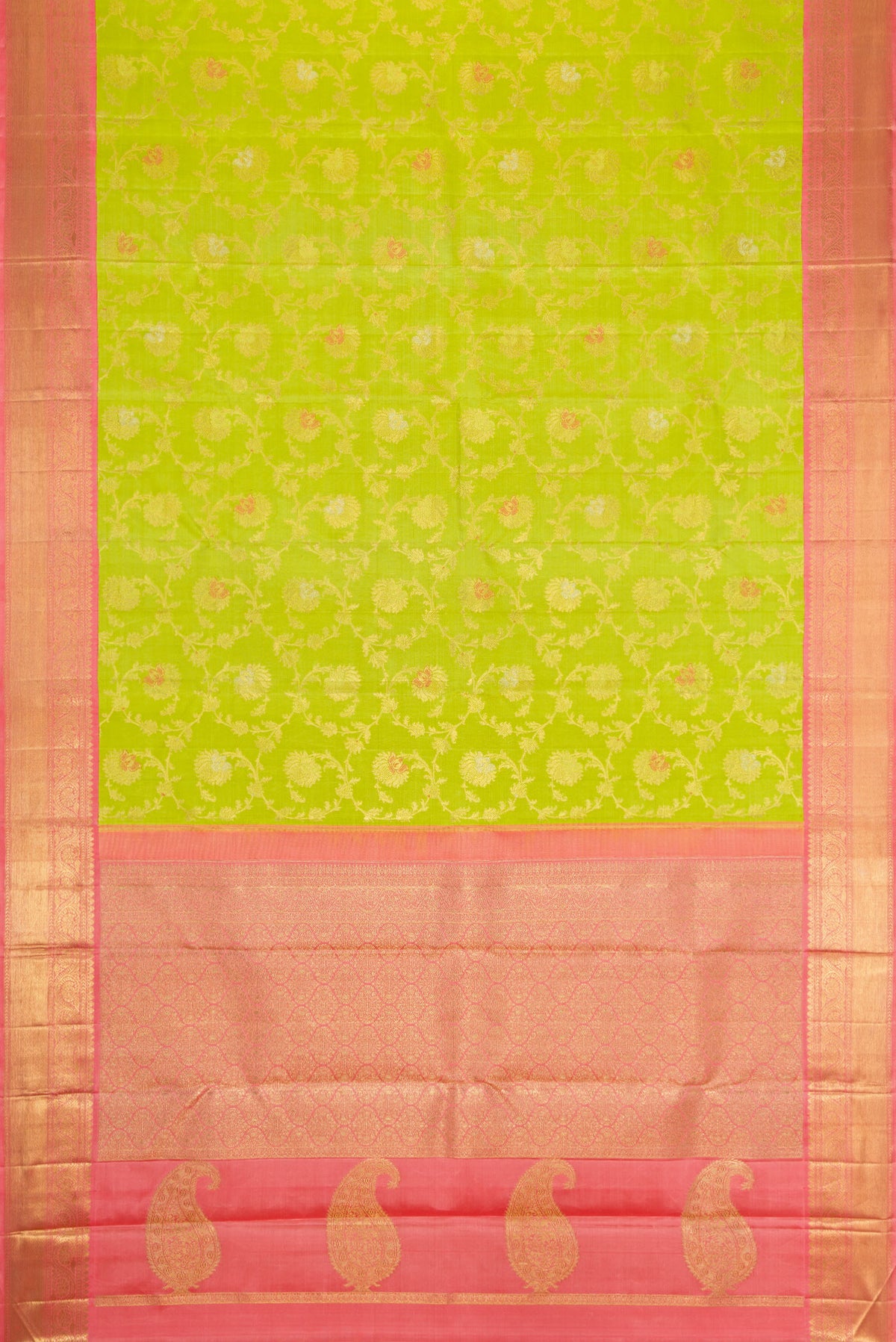 Flat view of Pure Silk Pure Zari Parrot Green Dual Tone Kanjivaram Saree with Zari Brocade on the body and Zari Border. 