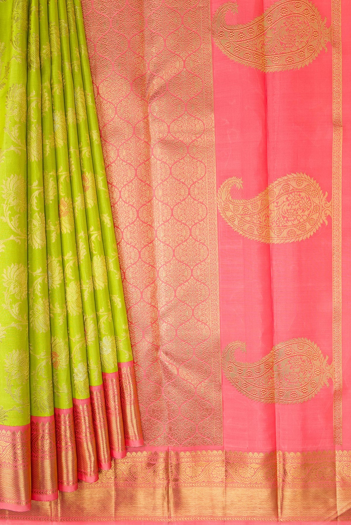 Pleats and pallu of Pure Silk Pure Zari Parrot Green Dual Tone Kanjivaram Saree with Zari Brocade on the body and Zari Border. 