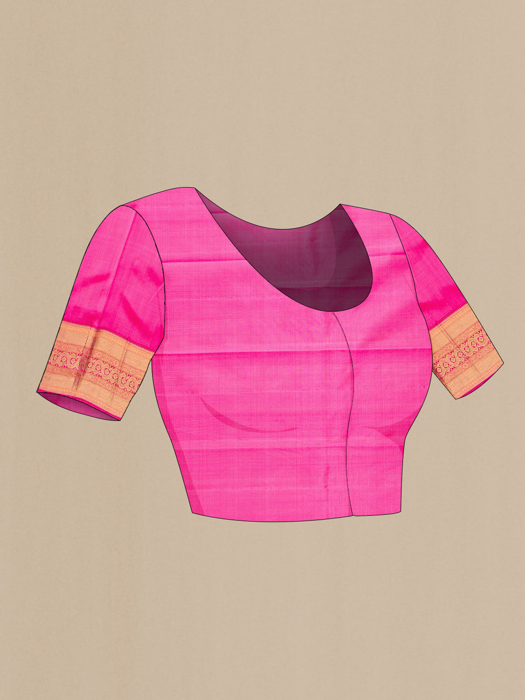Close up image of the blouse of Pure Silk Pure Zari Pink Dual Tone Kanjivaram Saree with Zari Brocade on the body and Zari Border. 