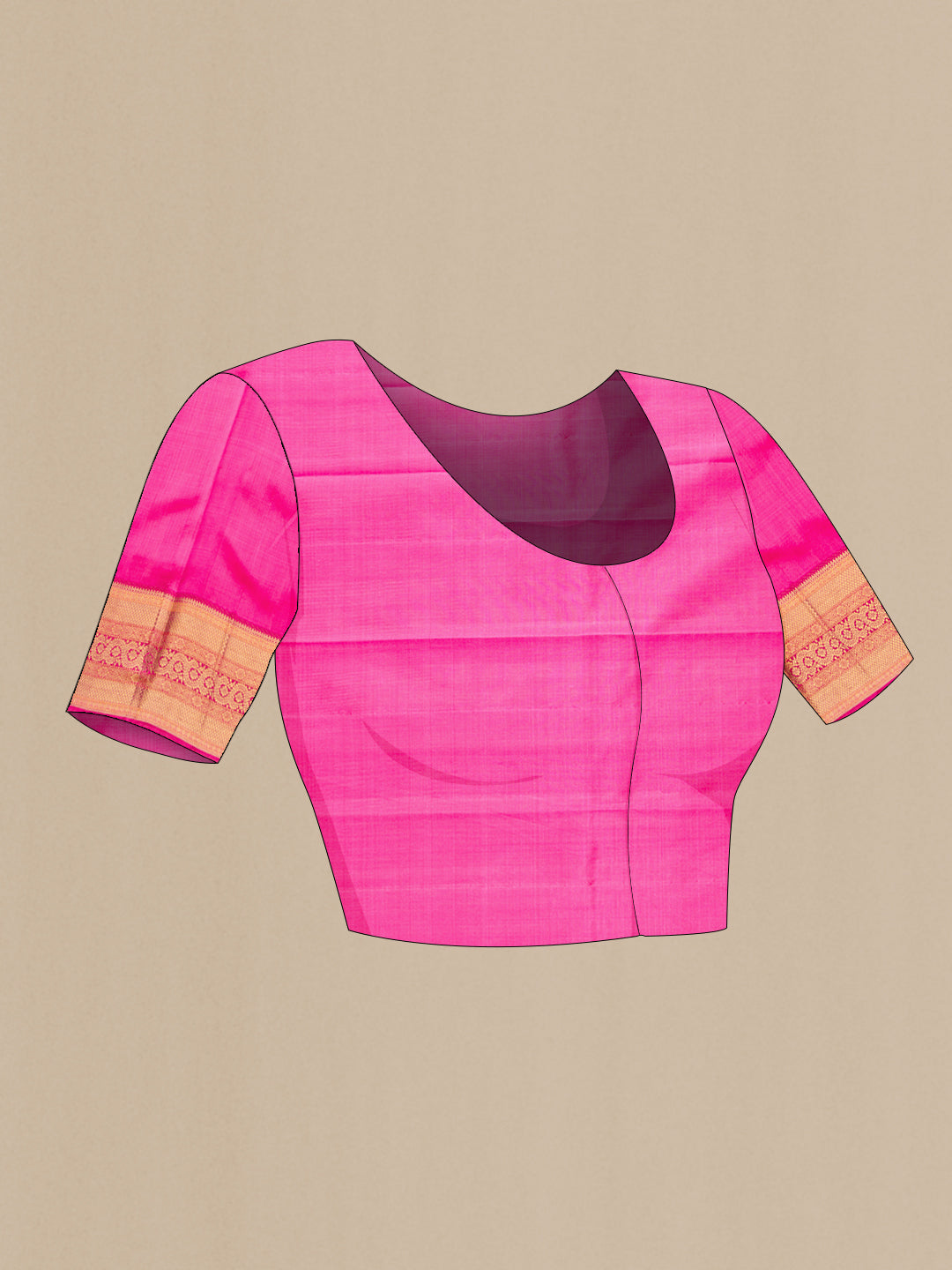 Close up image of the blouse of Pure Silk Pure Zari Pink Dual Tone Kanjivaram Saree with Zari Brocade on the body and Zari Border. 