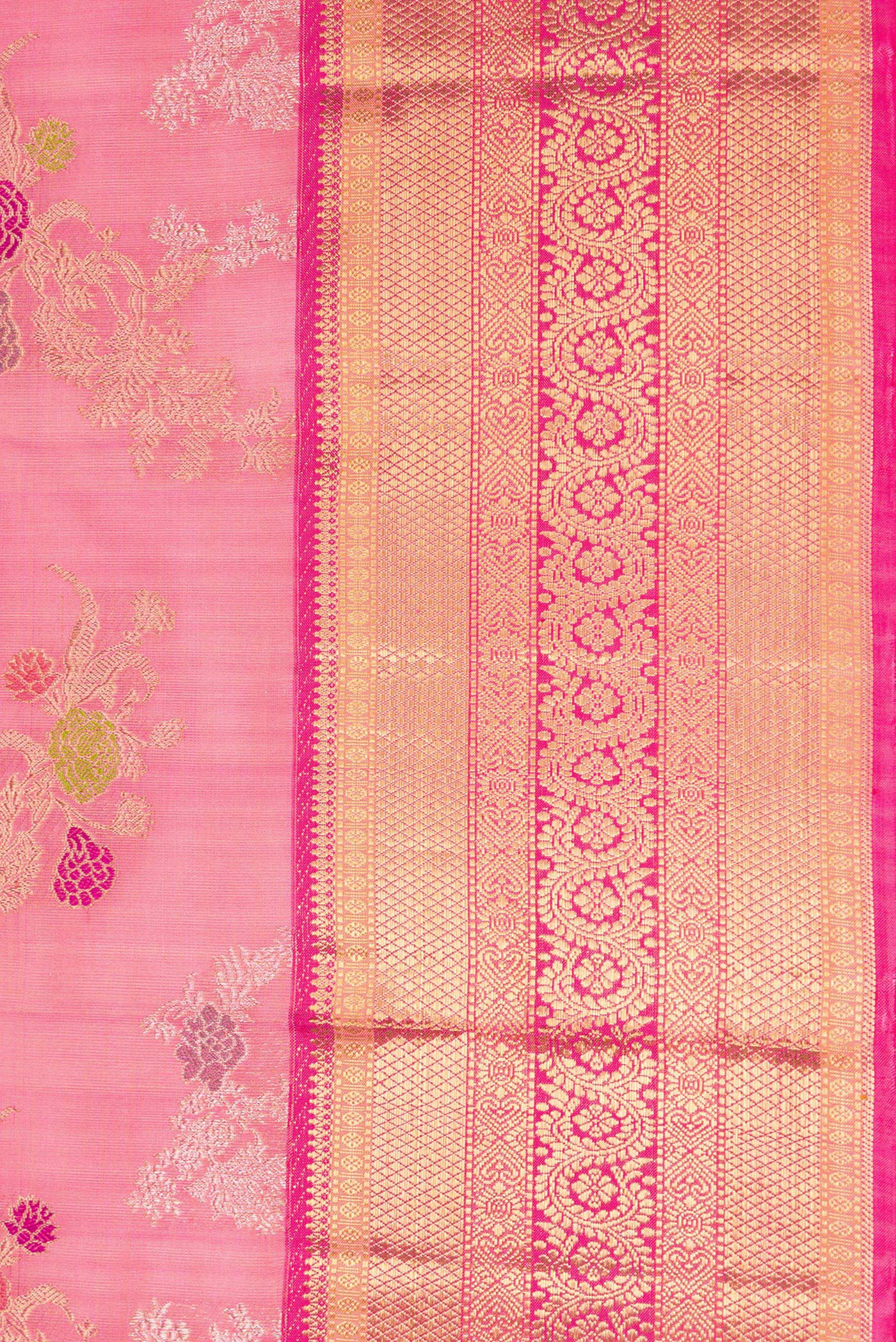 Border image of Pure Silk Pure Zari Pink Dual Tone Kanjivaram Saree with Zari Brocade on the body and Zari Border. 