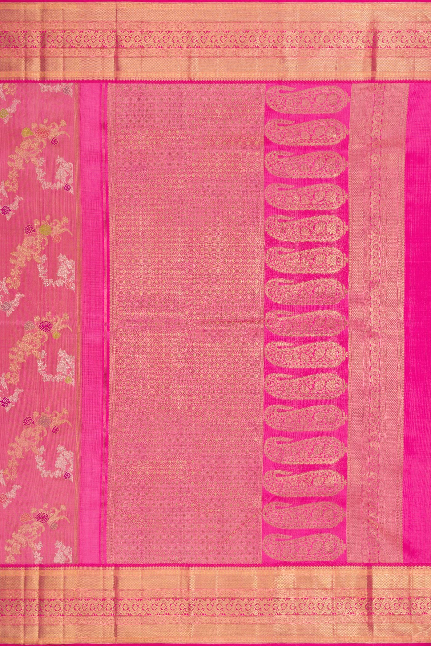 Close up image of the pallu of Pure Silk Pure Zari Pink Dual Tone Kanjivaram Saree with Zari Brocade on the body and Zari Border. 