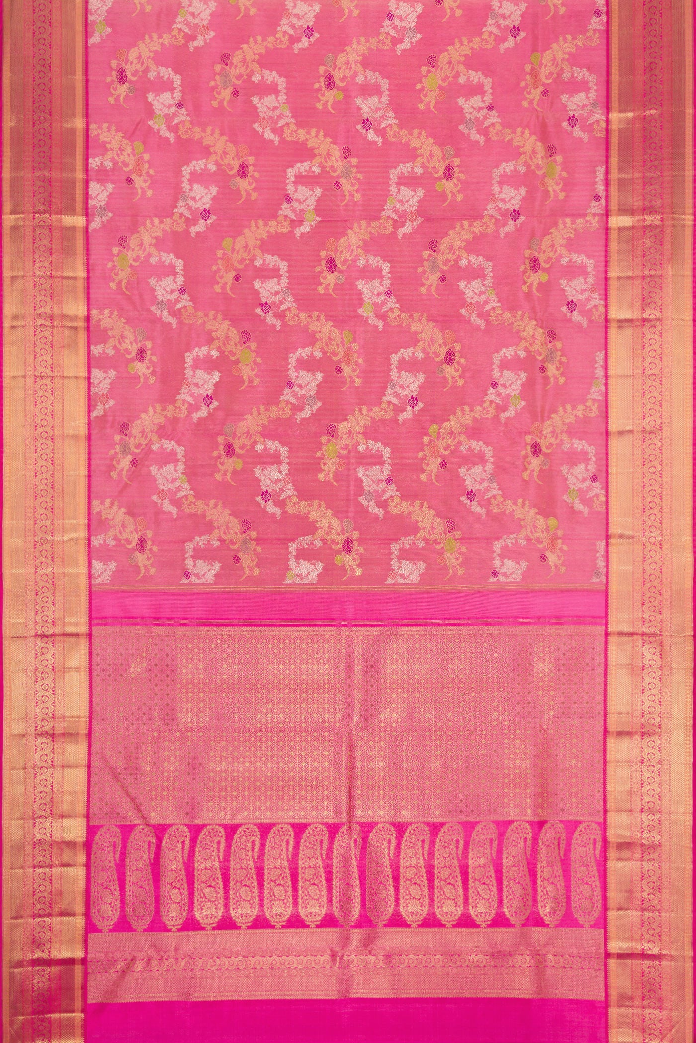 Flat view of Pure Silk Pure Zari Pink Dual Tone Kanjivaram Saree with Zari Brocade on the body and Zari Border. 