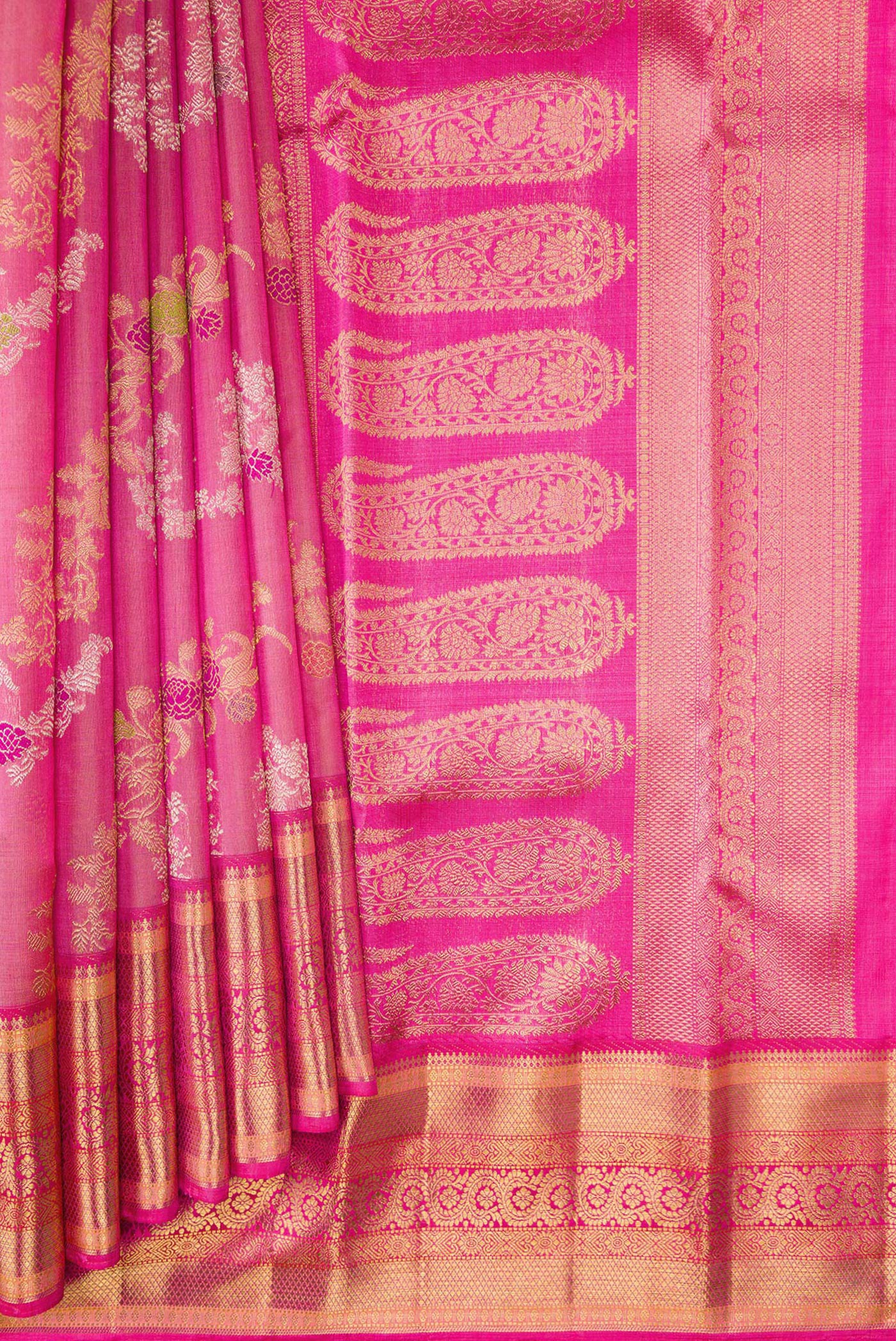 Pleats and pallu of Pure Silk Pure Zari Pink Dual Tone Kanjivaram Saree with Zari Brocade on the body and Zari Border. 
