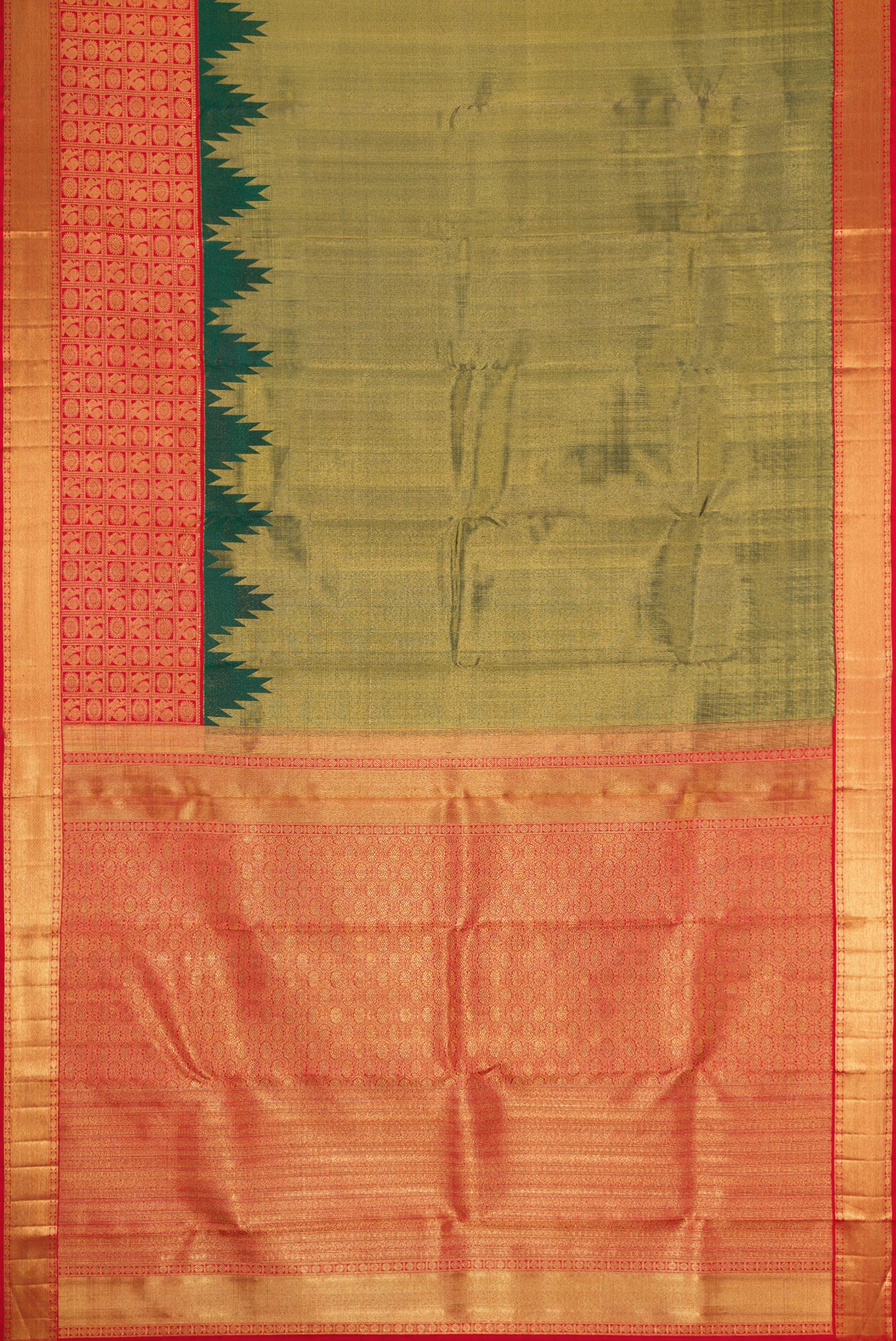 Flat view of Pure Silk Pure Zari Bottle Green Dual Tone Kanjivaram Saree with Zari Brocade on the body and Fancy Border. 