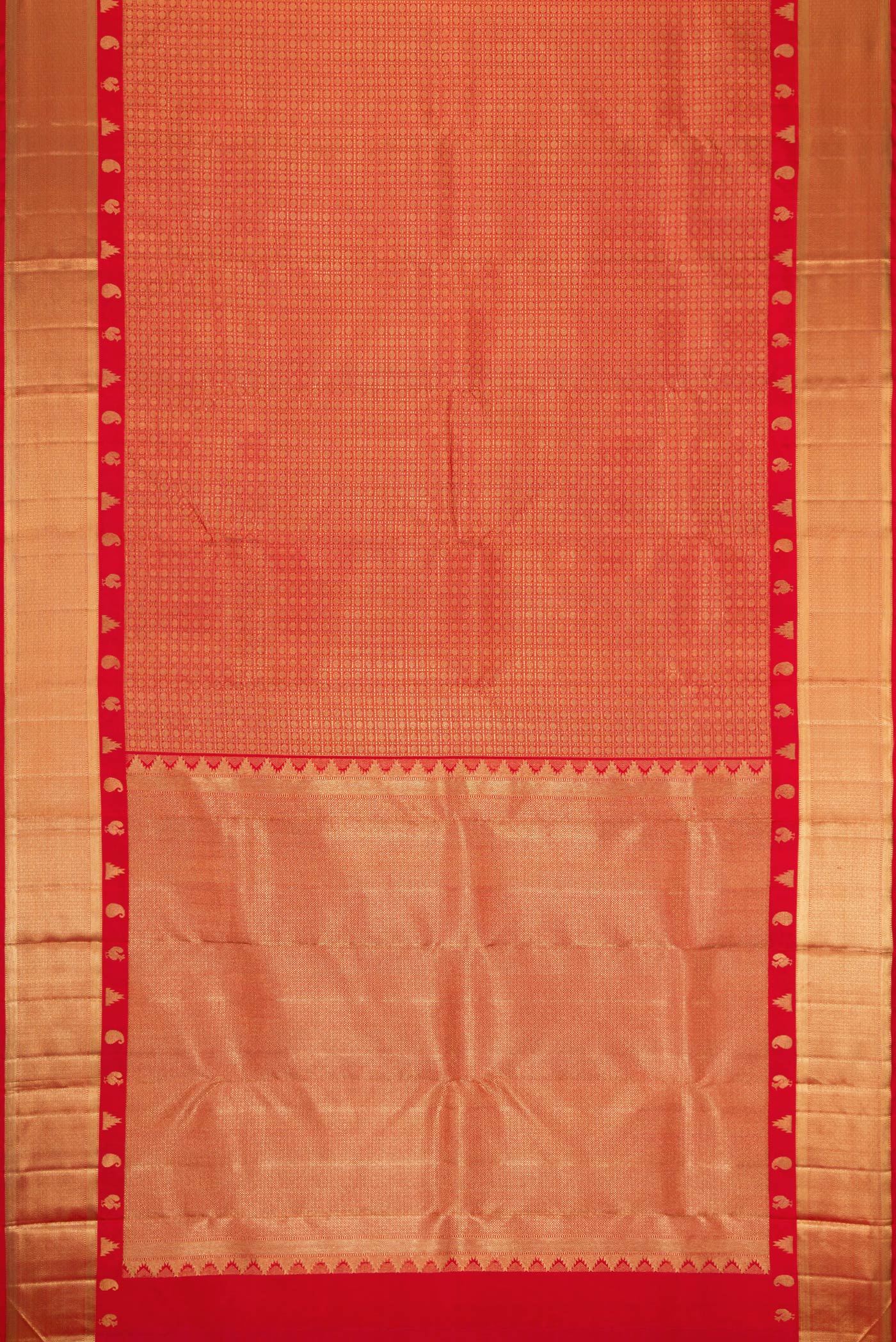 Flat view of Pure Silk Pure Zari Red Dual Tone Kanjivaram Saree with Zari Brocade on the body and Zari Border. 