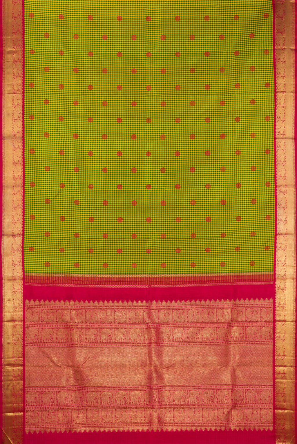 Flat view of Pure Silk Pure Zari Green Kanjivaram Saree with Checked design on the body and Zari Border. 