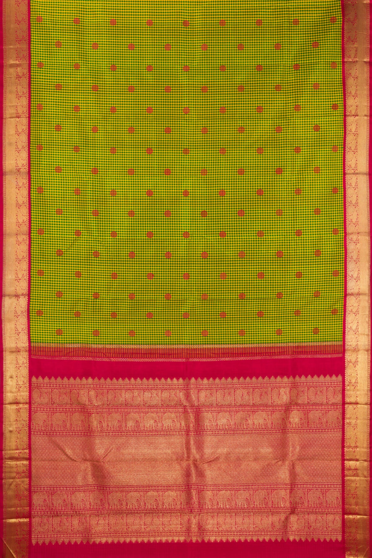Flat view of Pure Silk Pure Zari Green Kanjivaram Saree with Checked design on the body and Zari Border. 