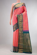 Pure Silk Pure Zari Pink Dual Tone Kanjivaram Saree with Zari Butta on the body and Zari Border.  displayed on a mannequin