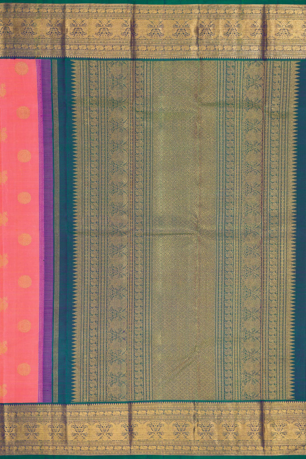 Close up image of the pallu of Pure Silk Pure Zari Pink Dual Tone Kanjivaram Saree with Zari Butta on the body and Zari Border. 
