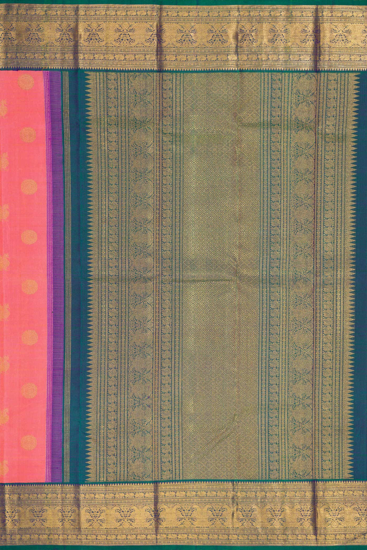 Close up image of the pallu of Pure Silk Pure Zari Pink Dual Tone Kanjivaram Saree with Zari Butta on the body and Zari Border. 