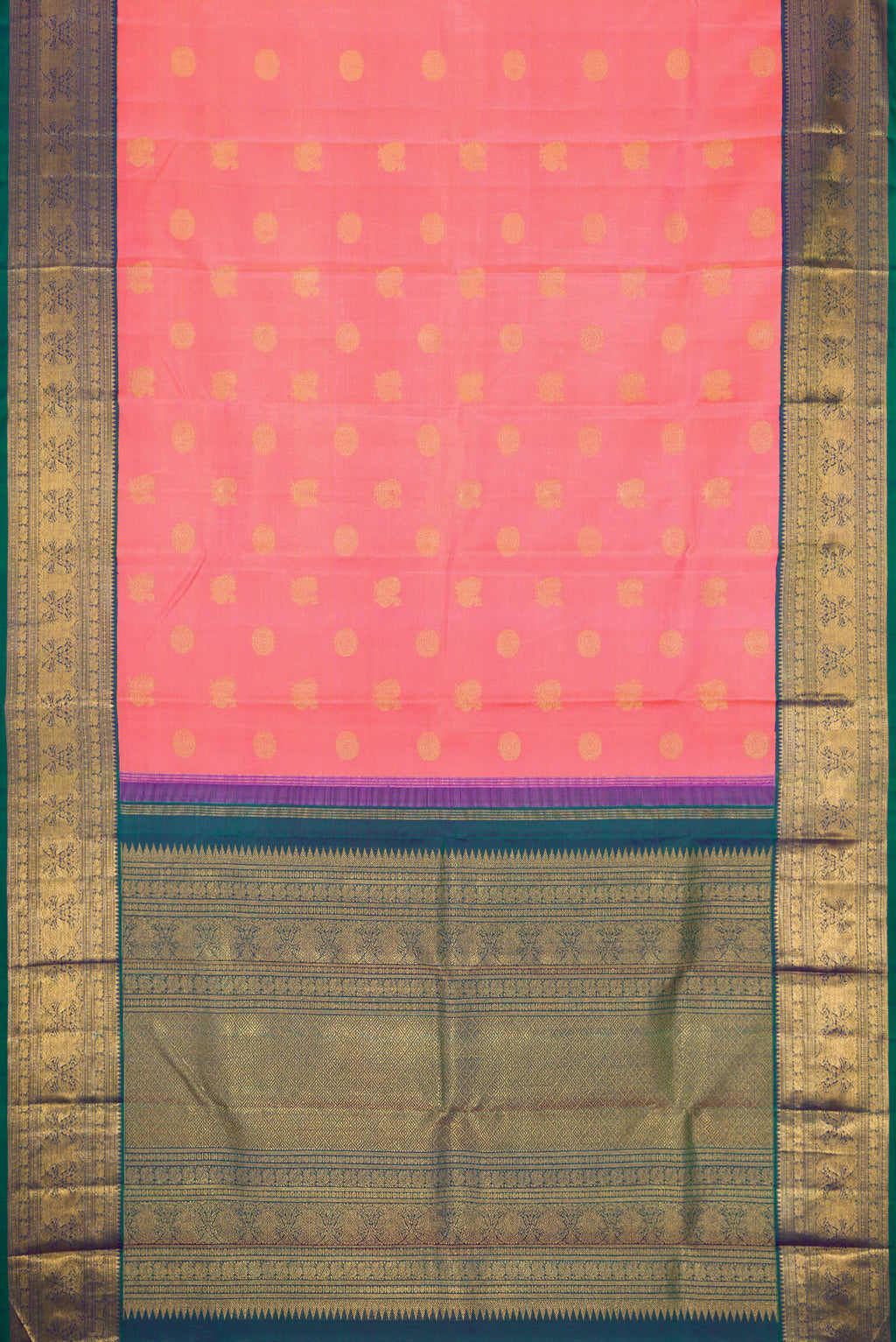 Flat view of Pure Silk Pure Zari Pink Dual Tone Kanjivaram Saree with Zari Butta on the body and Zari Border. 
