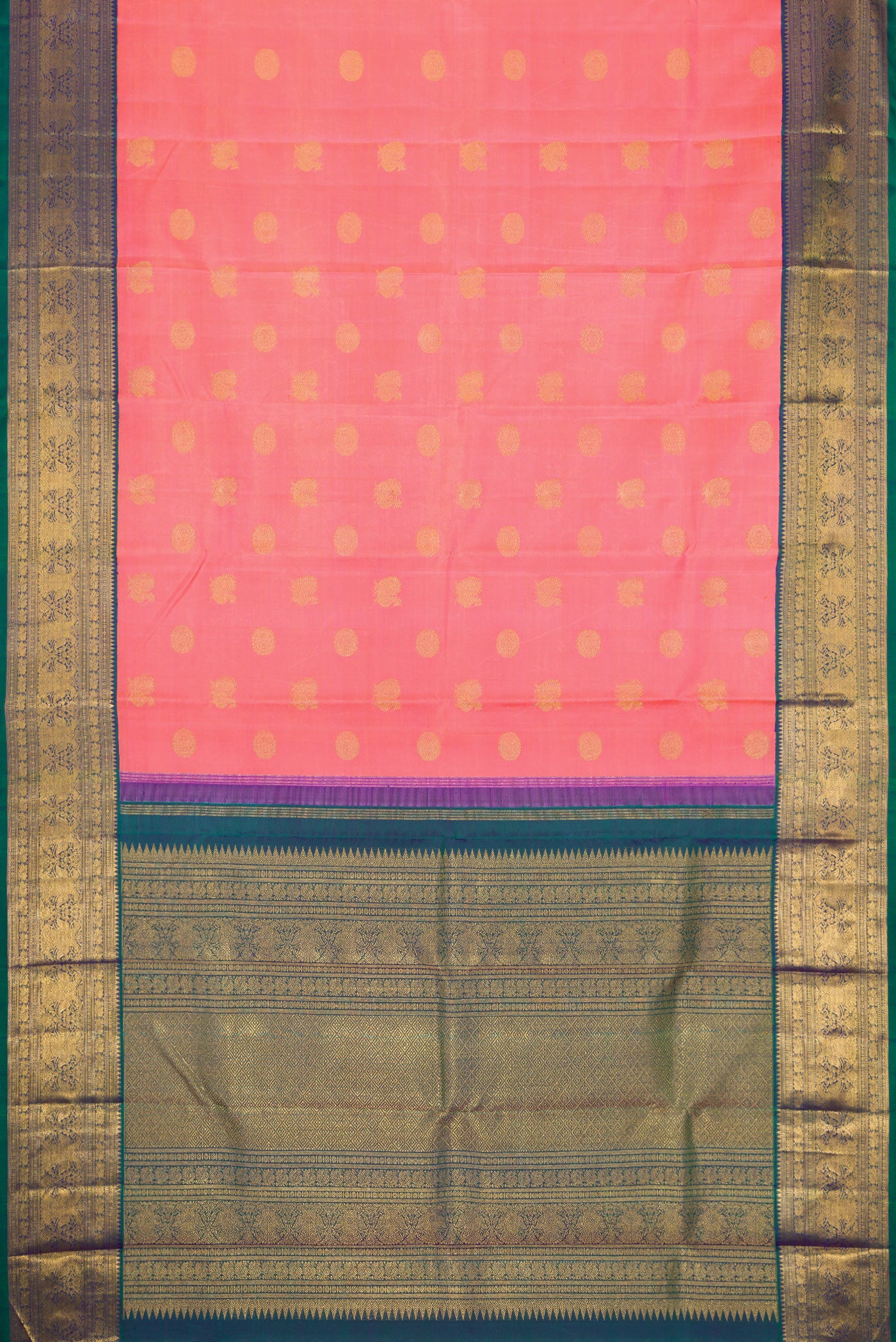 Flat view of Pure Silk Pure Zari Pink Dual Tone Kanjivaram Saree with Zari Butta on the body and Zari Border. 