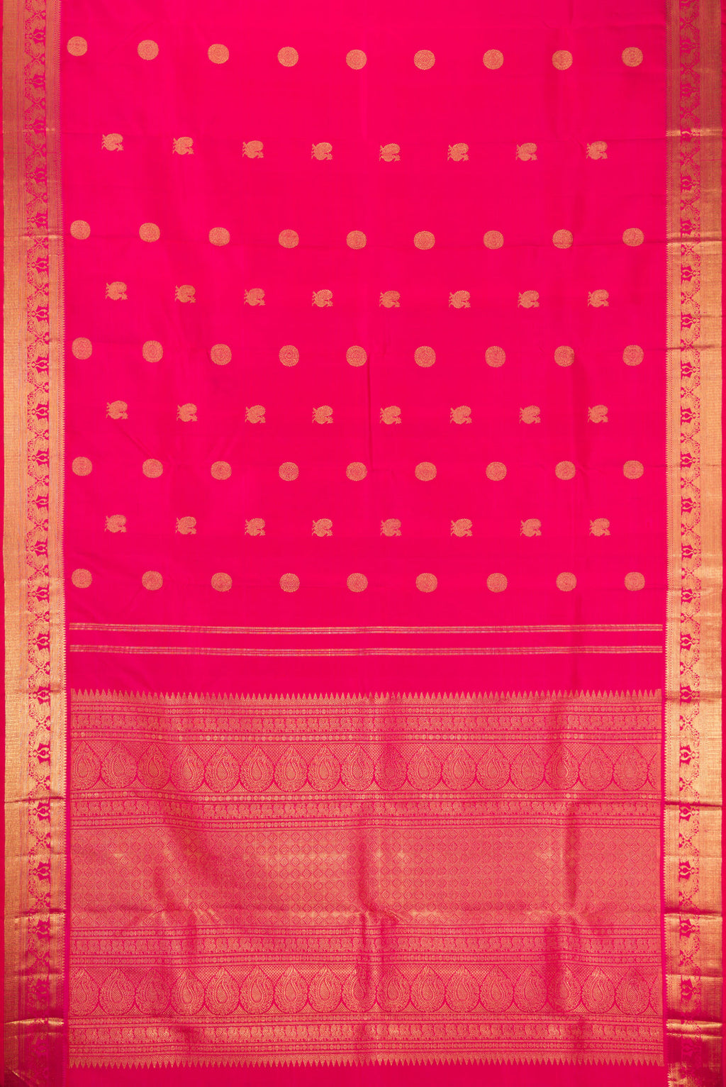 Flat view of Pure Silk Pure Zari Dark Pink Dual Tone Kanchipuram Saree with Zari Butta on the body and Zari Border. 