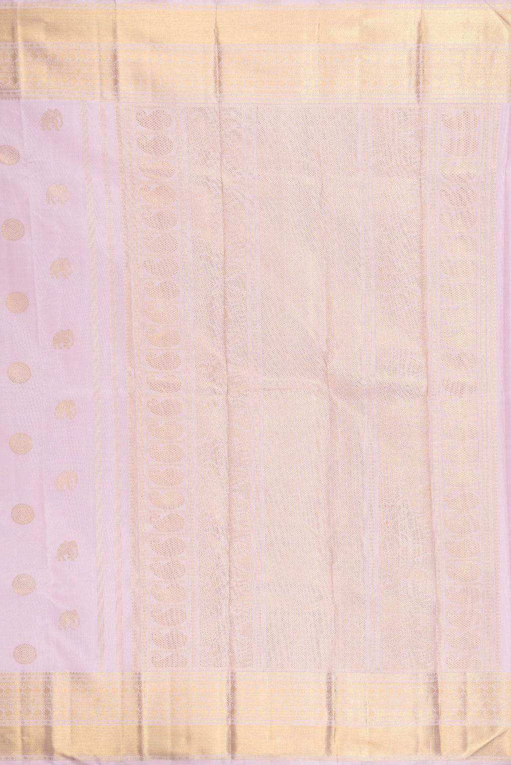 Close up image of the pallu of Pure Silk Pure Zari Lavender Kanjivaram Saree with Zari Butta on the body and Zari Border. 