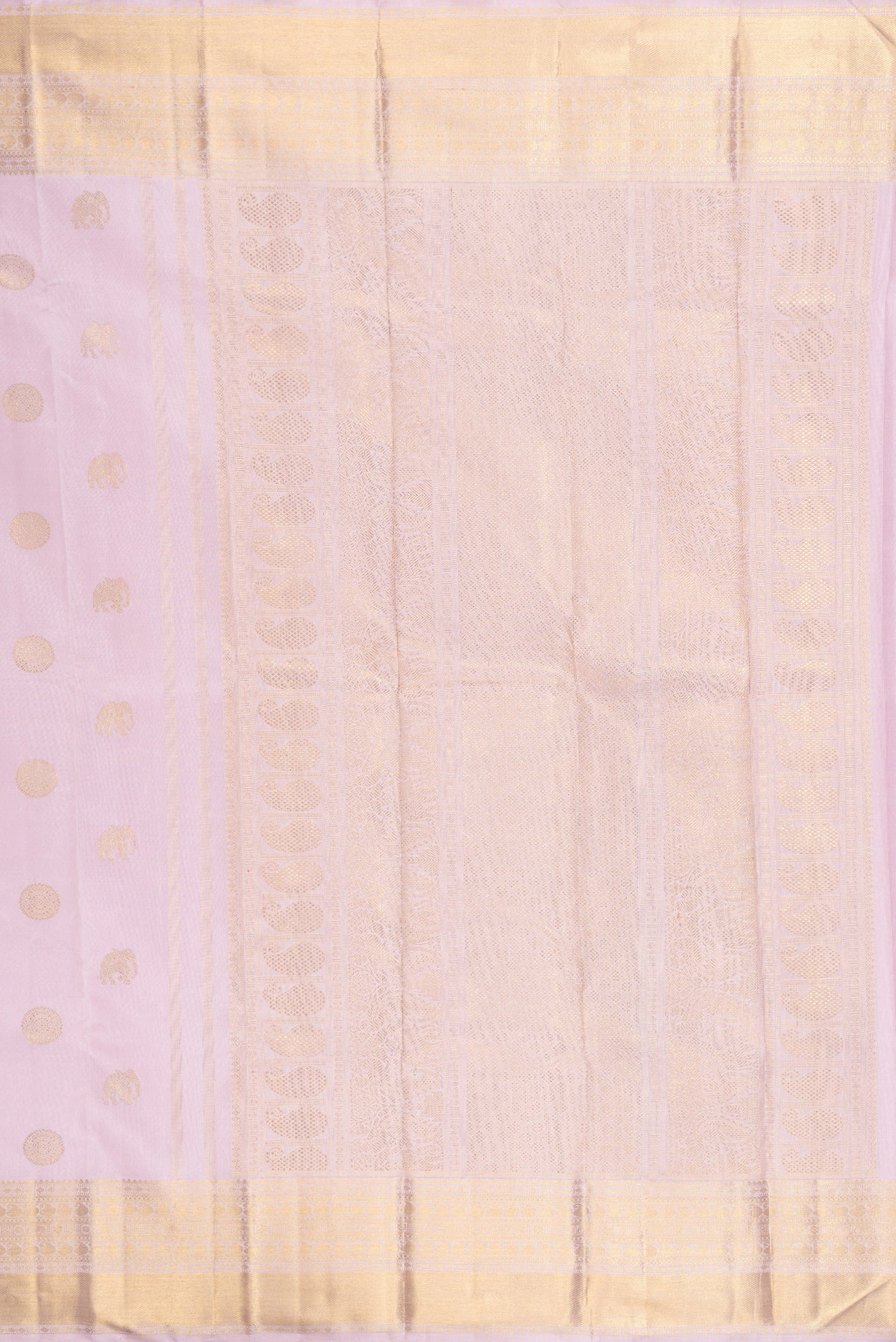 Close up image of the pallu of Pure Silk Pure Zari Lavender Kanjivaram Saree with Zari Butta on the body and Zari Border. 