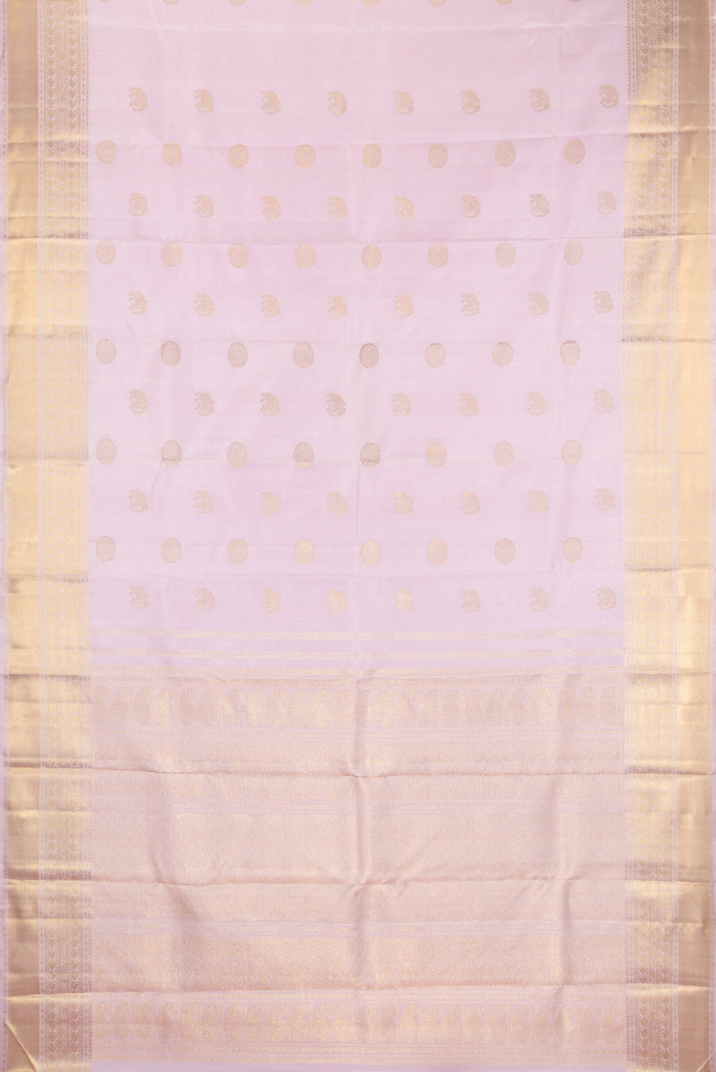 Flat view of Pure Silk Pure Zari Lavender Kanjivaram Saree with Zari Butta on the body and Zari Border. 