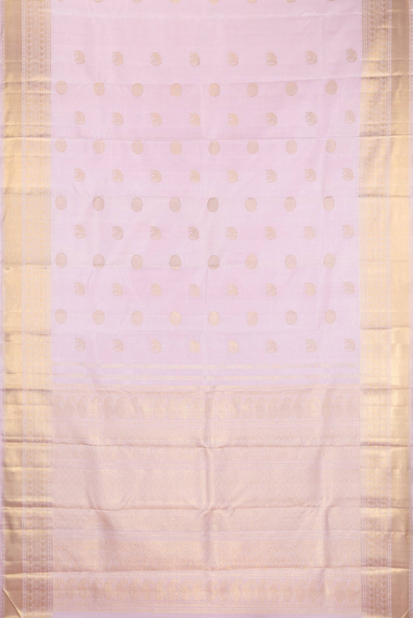 Flat view of Pure Silk Pure Zari Lavender Kanjivaram Saree with Zari Butta on the body and Zari Border. 
